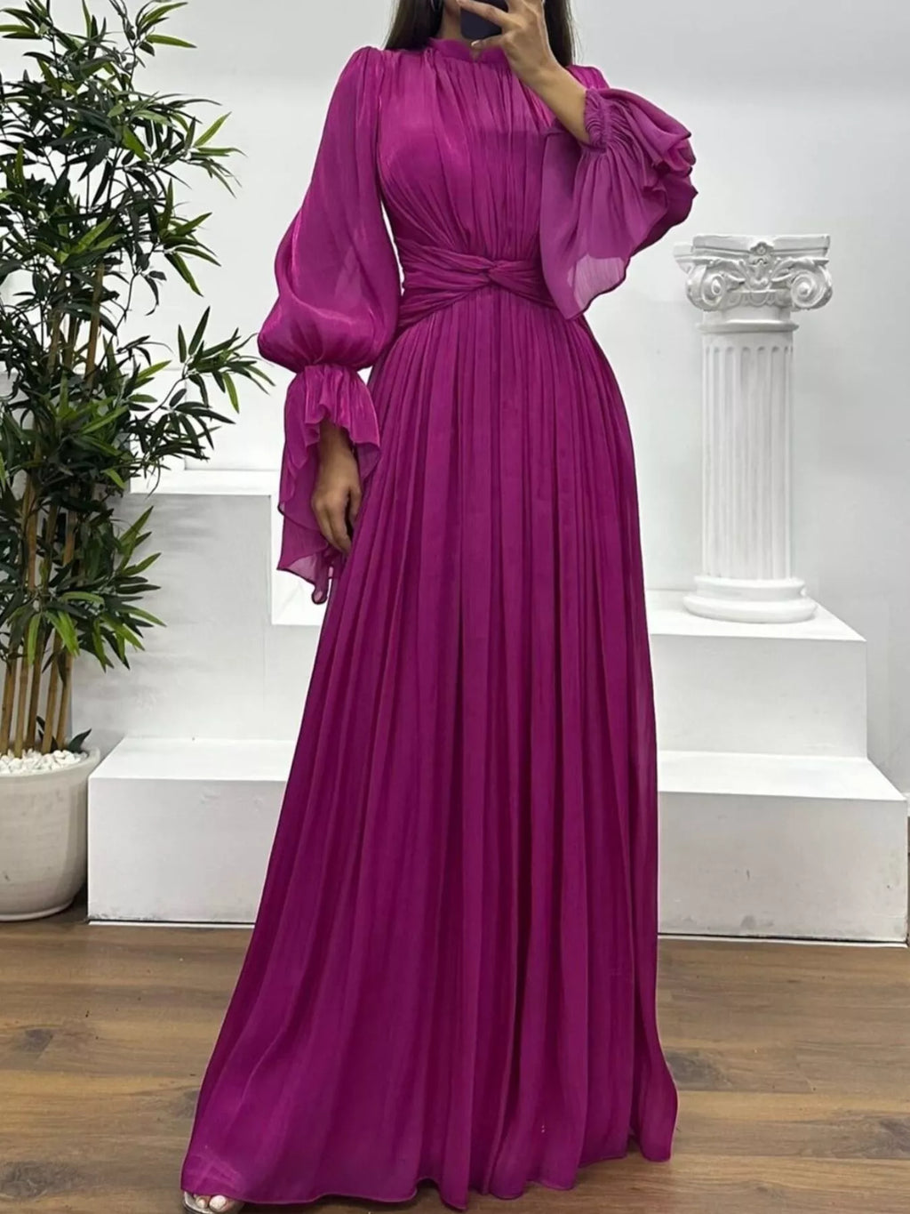 Pleated Mock Neck Long Sleeve Maxi Dress - TrendNest