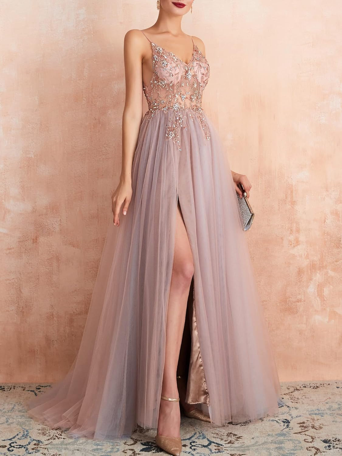 Women'S V Neck Long Prom Dress Tulle Side Slit Evening Dress Formal Prom Gowns with Beads