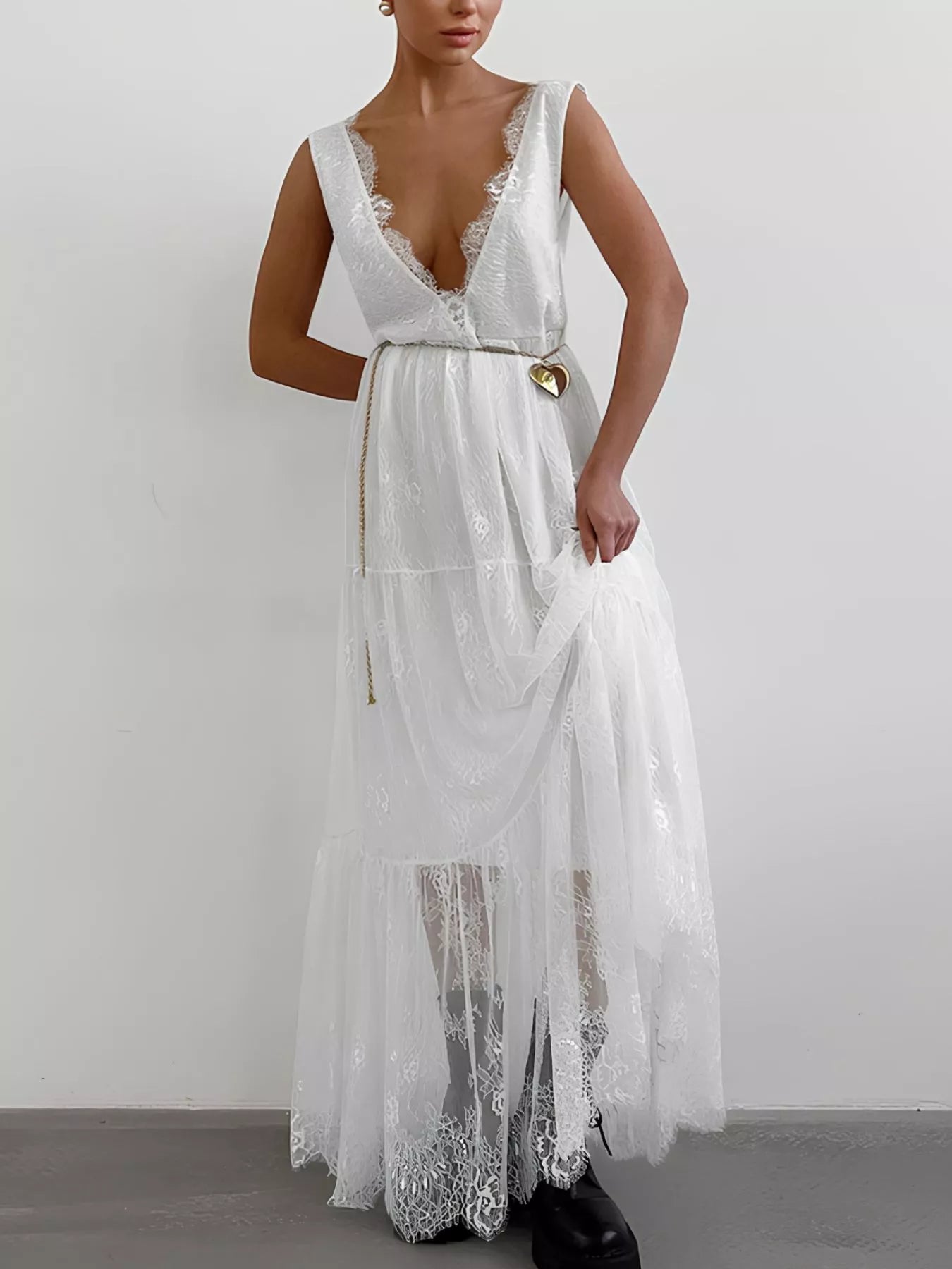 Lace Deep V - Neck Maxi Dress - TrendNest