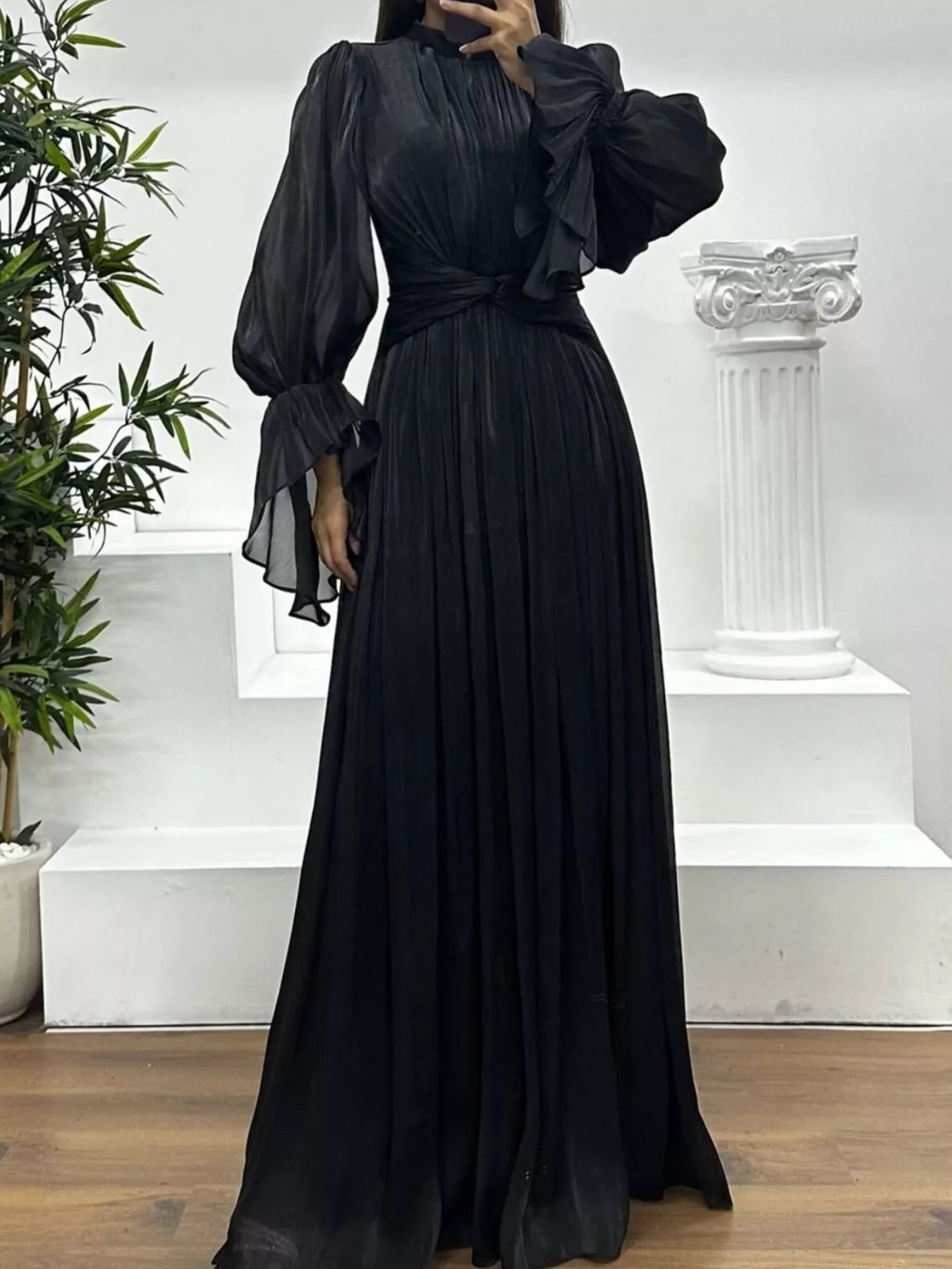 Pleated Mock Neck Long Sleeve Maxi Dress - TrendNest
