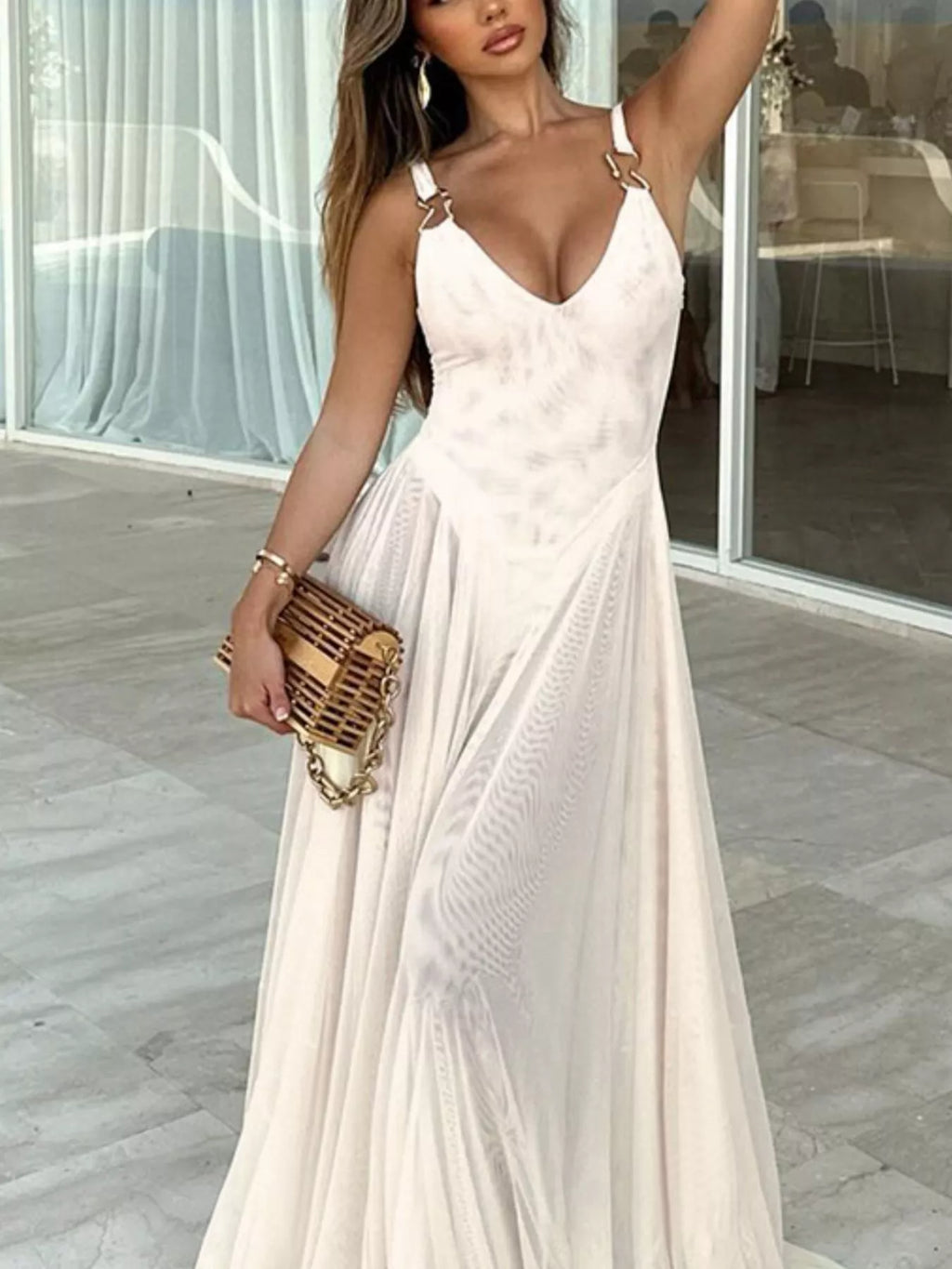 Sleeveless Sheer Maxi Dress with Gold Hardware Detail - TrendNest