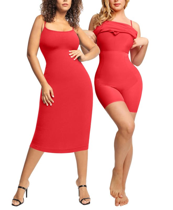 Popilush Shapewear Dress Bodycon Midi Dress Built-in Bra Summer Casual Tummy Control Slip Dress with Adjustable Straps Red