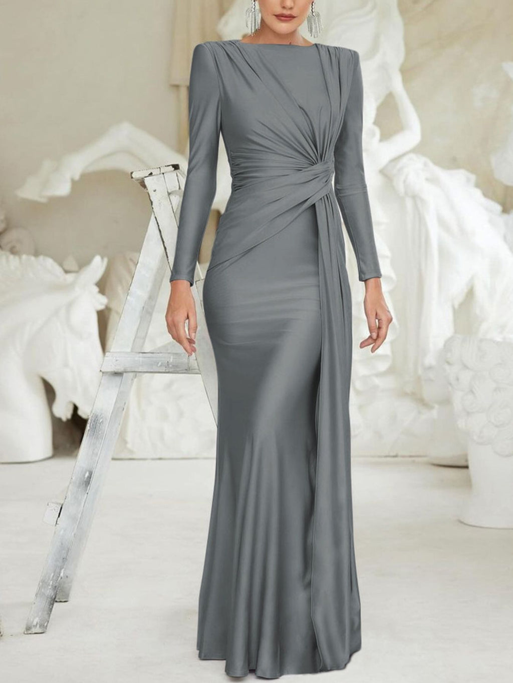 Ruched Knot Front Long Sleeve Maxi Dress - TrendNest