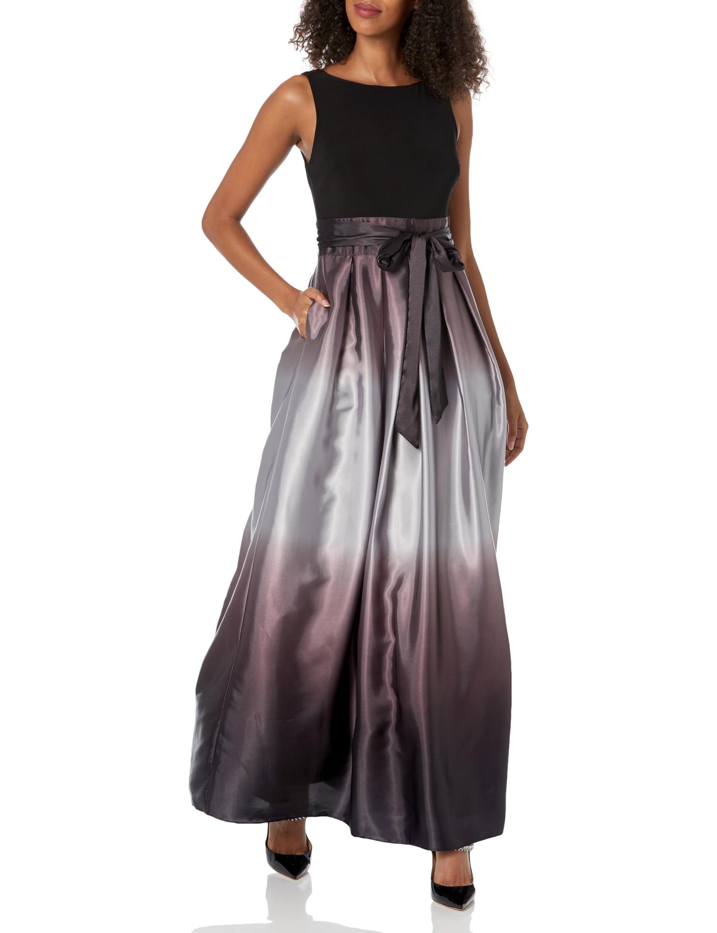 S.L. Fashions Womens Long Satin Mother of The Bride Dress with Pockets Formal Party Gown (Petite and Regular Sizes) Black Silver 8P