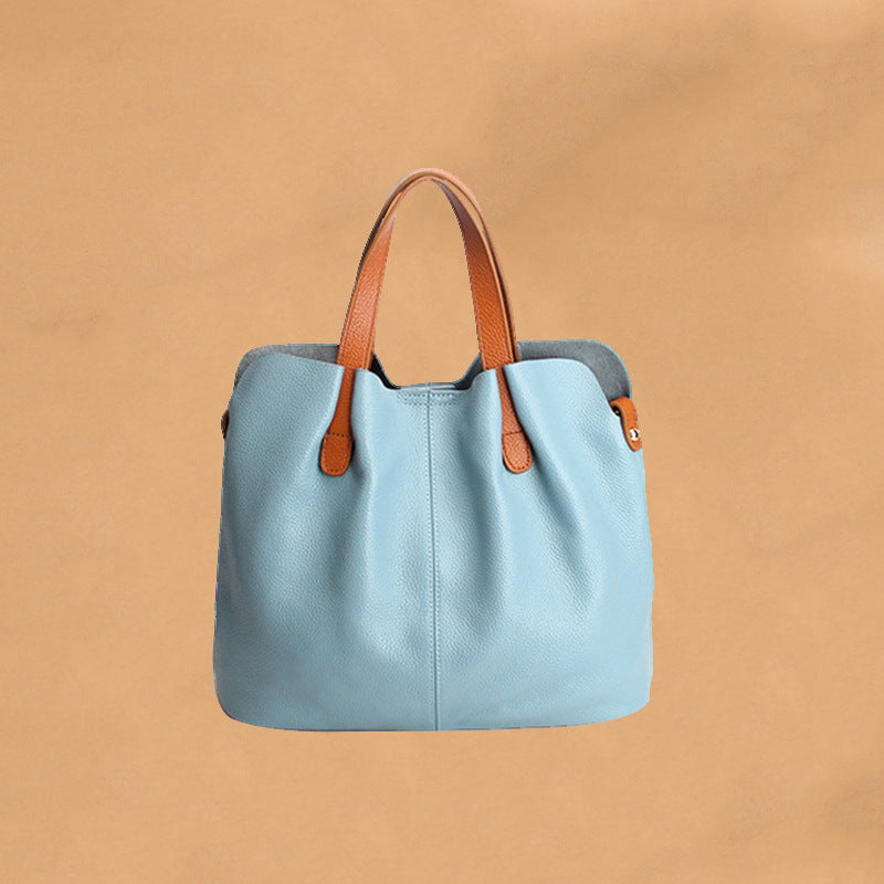 Genuine Leather Women's Shoulder Tote Bag, Color Block Design