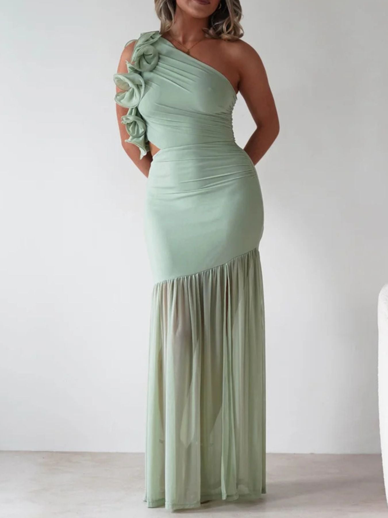 One - Shoulder Ruffle Trim Maxi Dress - TrendNest