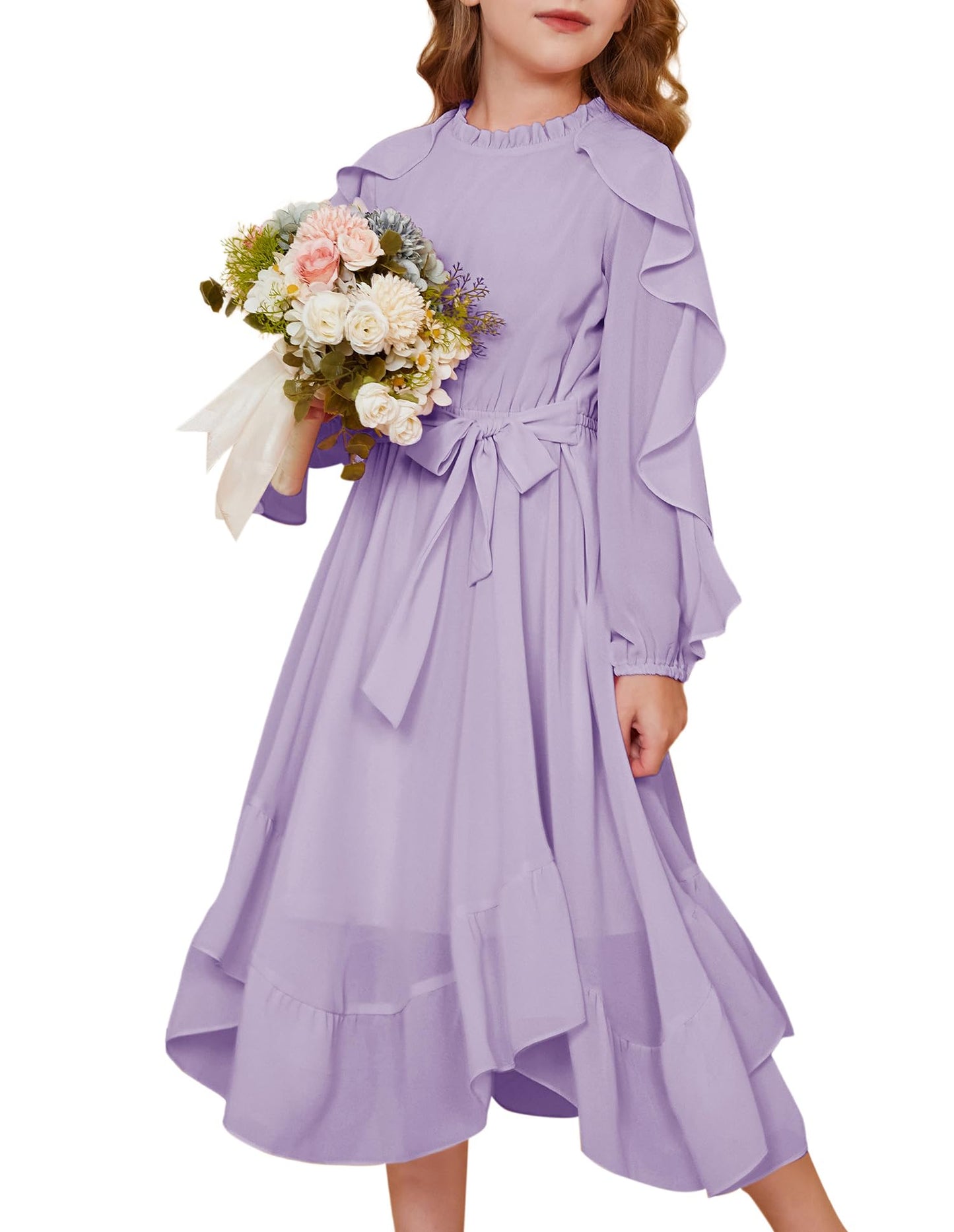 GRACE KARIN Girls Long Sleeve Dress Fall Spring Ruffle Swing Maxi High Low Formal Party Dress Purple 6Y