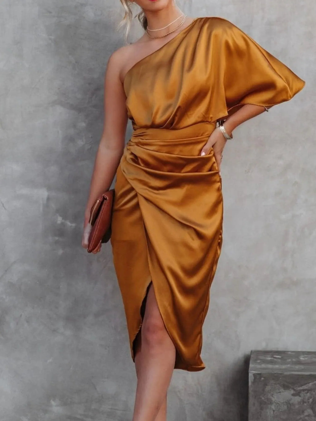 One - Shoulder Satin Wrap Dress with Side Slit - TrendNest
