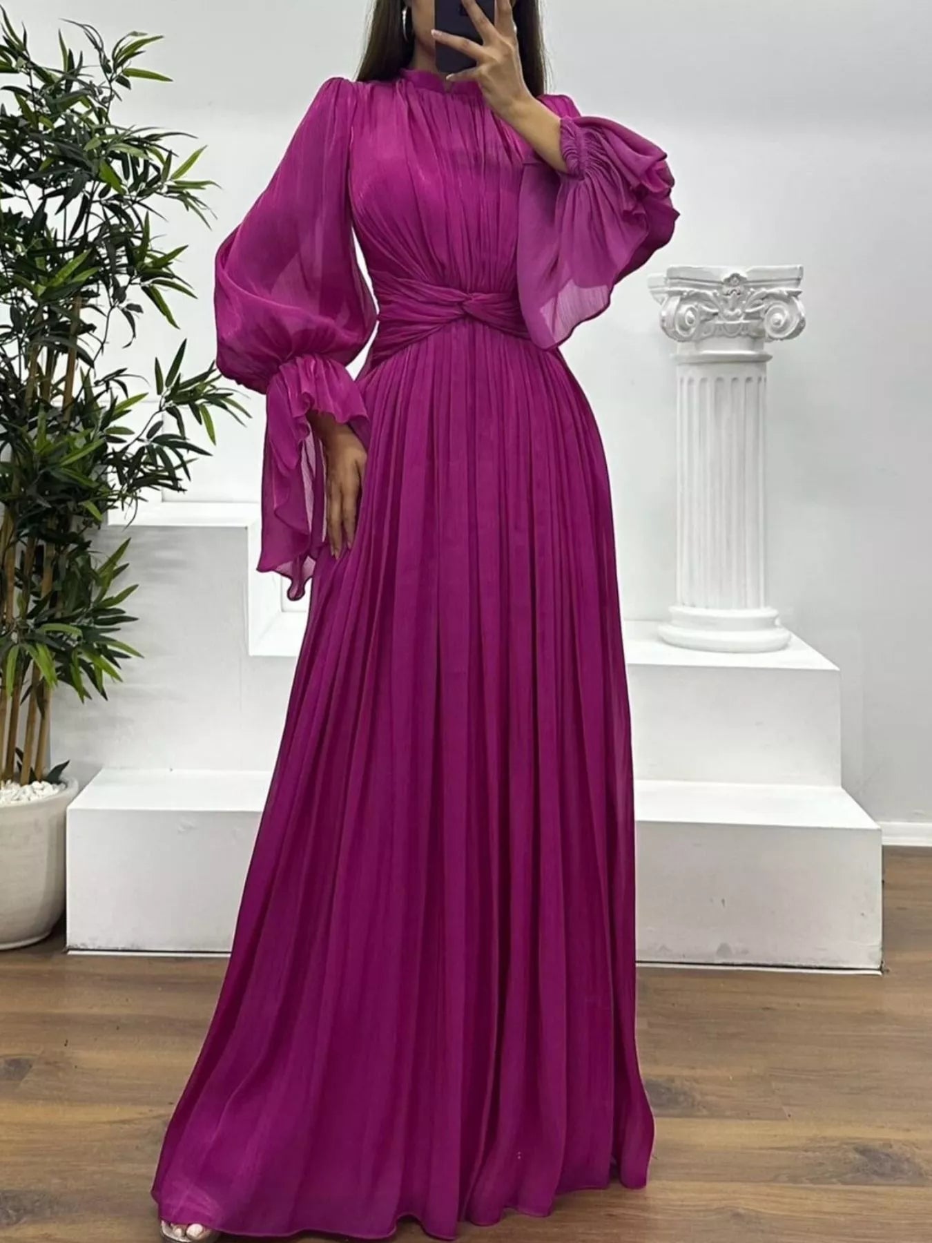 Pleated Mock Neck Long Sleeve Maxi Dress - TrendNest