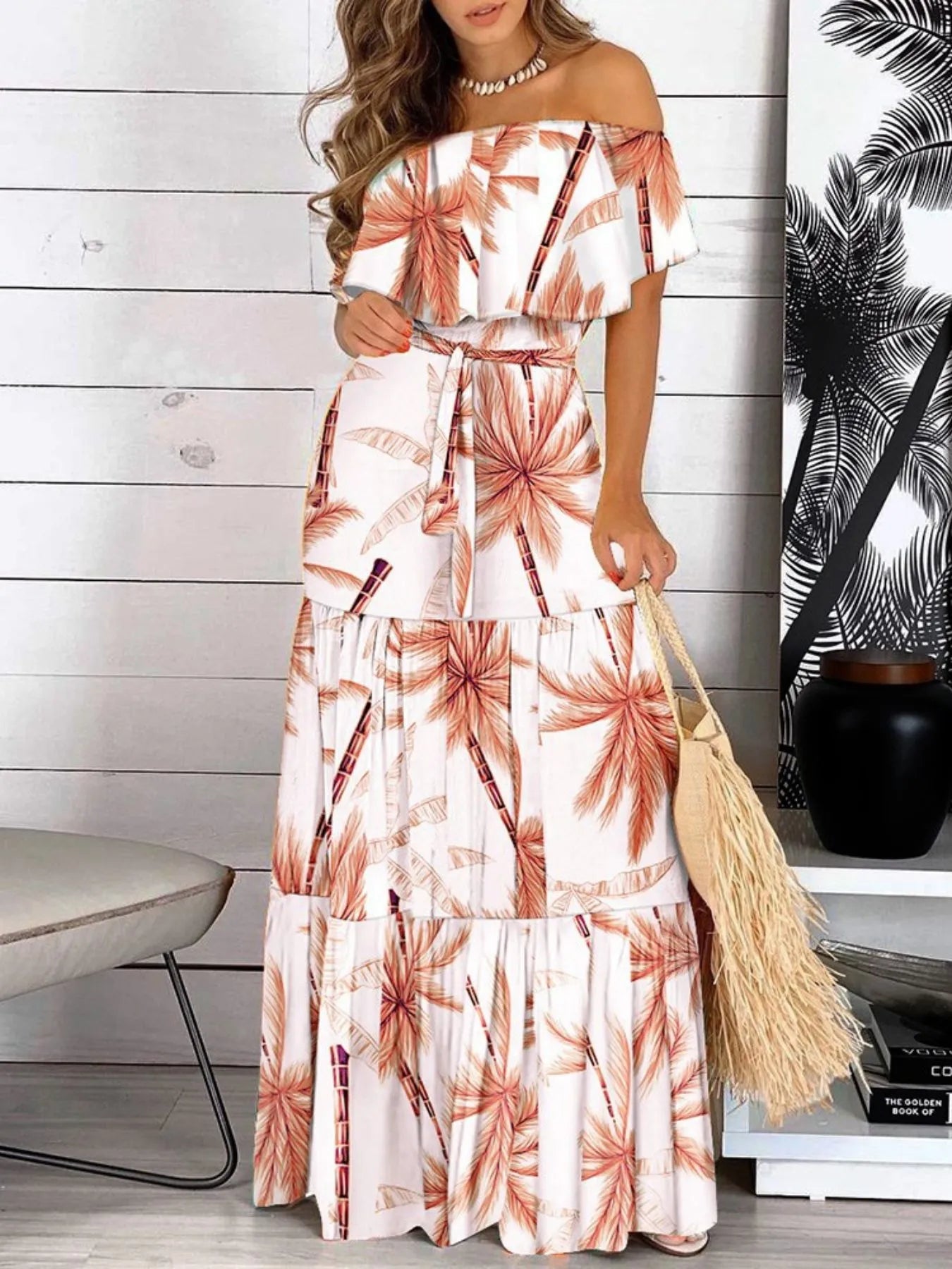 Printed Off Shoulder Maxi Dress - TrendNest