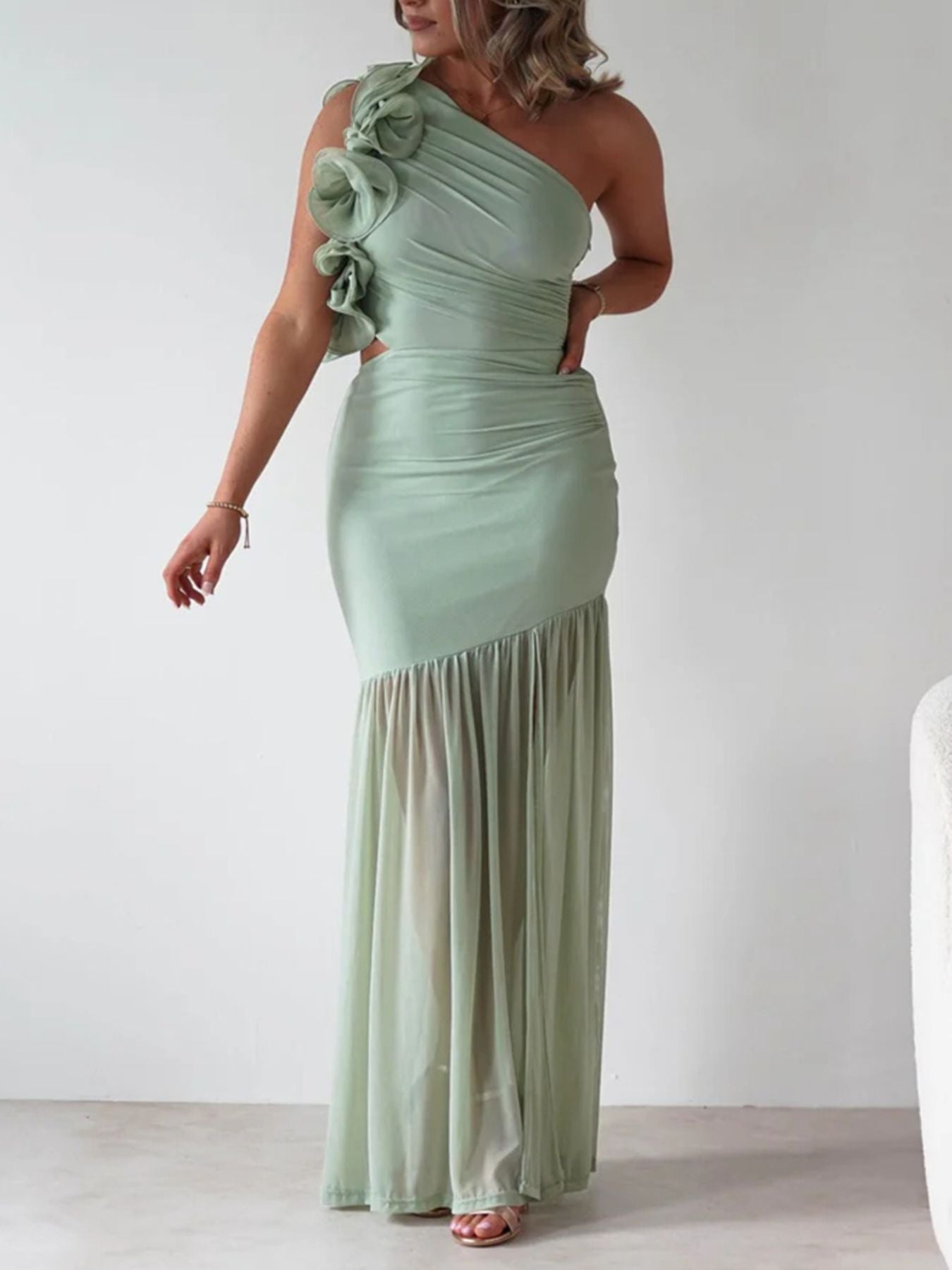 One - Shoulder Ruffle Trim Maxi Dress - TrendNest