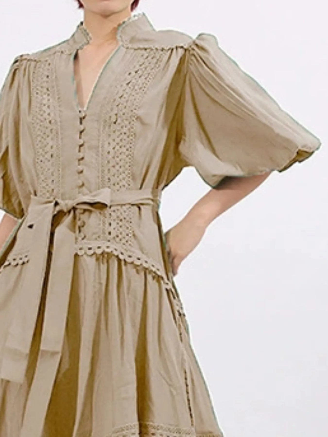 Lace Detail Notched Puff Sleeve Maxi Dress - TrendNest
