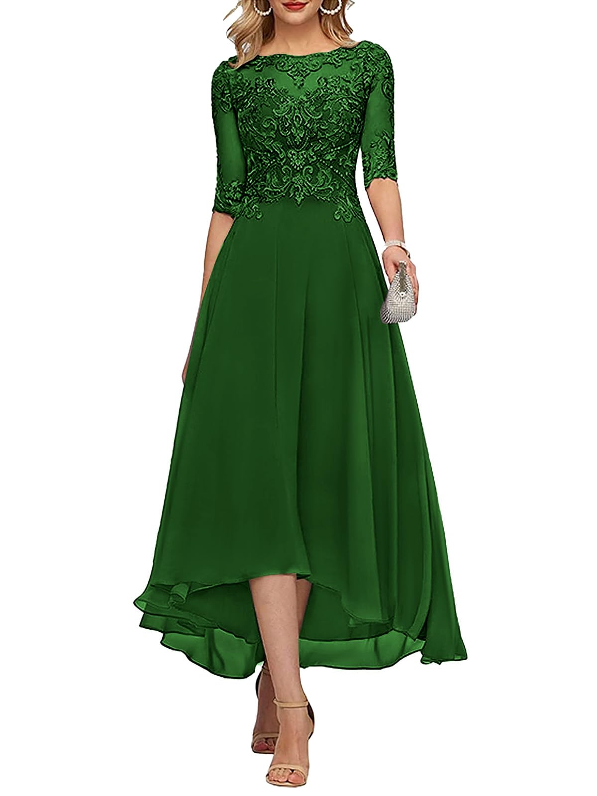 HANVAIOS Half Sleeve Tea Length Mother of The Bride Dresses for Women Emerald Green Lace Chiffon Wedding Guest Gown Size 4