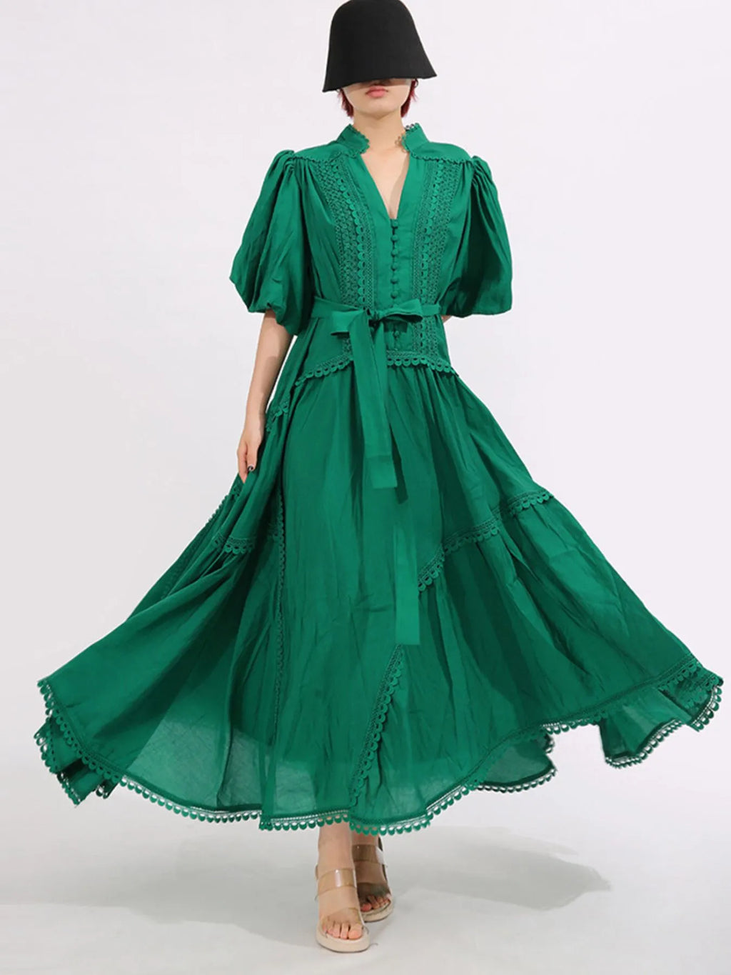 Lace Detail Notched Puff Sleeve Maxi Dress - TrendNest