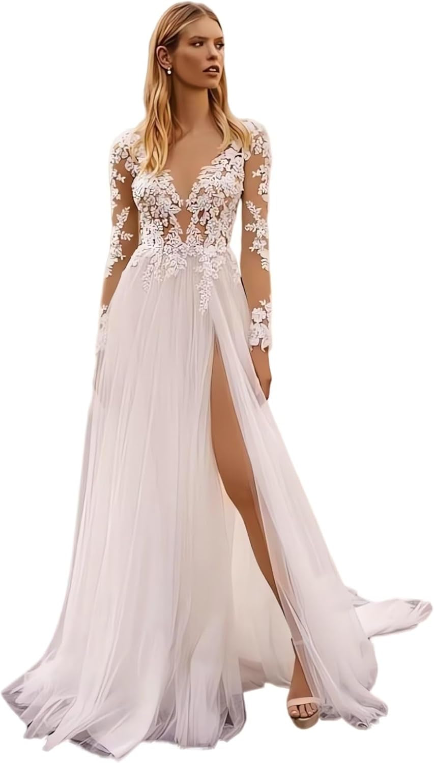 A-Line Wedding Dresses for Bride 2024 with Slit Long Sleeves Tulle Bridal Gowns Bride Dresses Ivory 18 plus Size