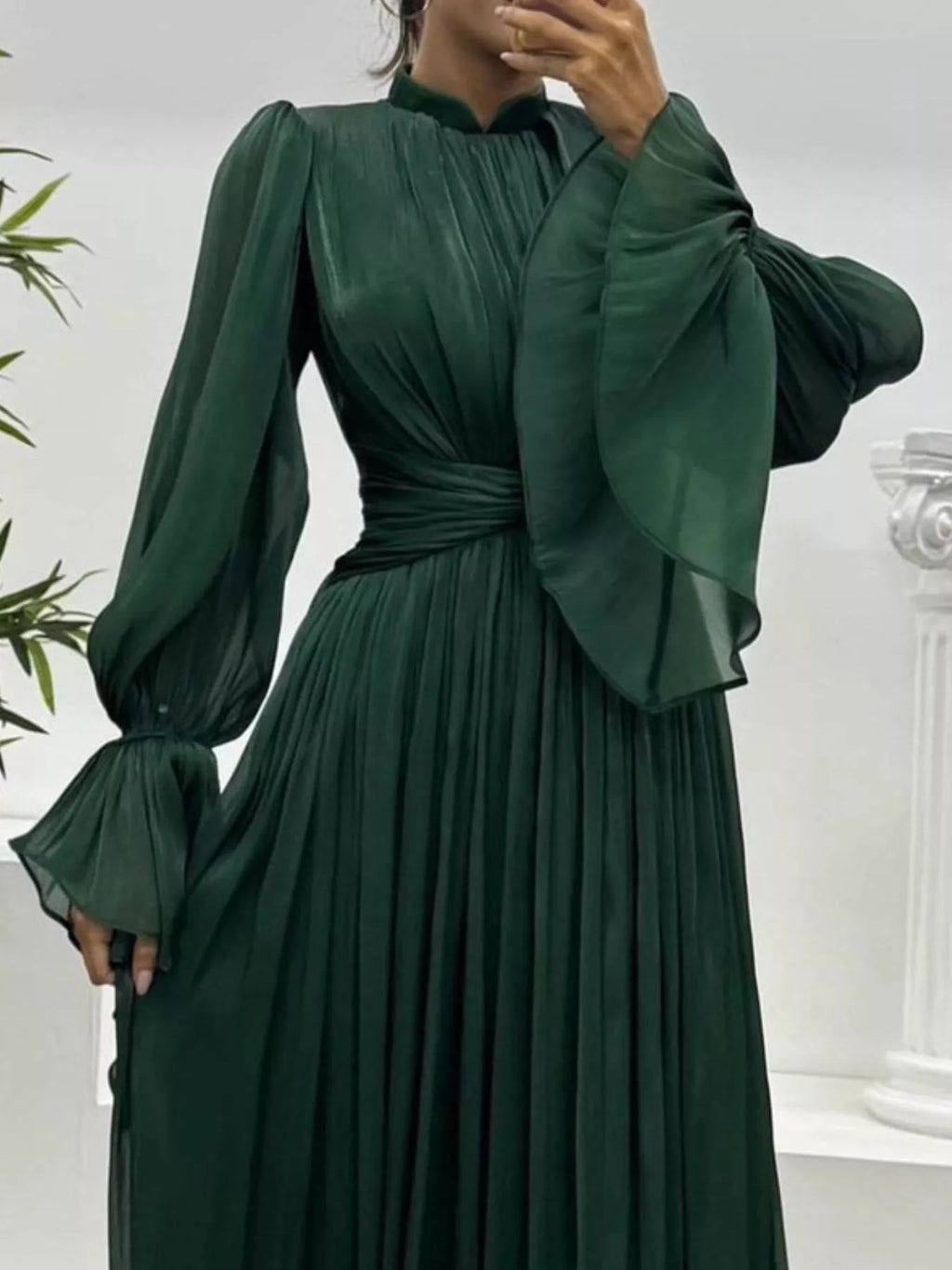 Pleated Mock Neck Long Sleeve Maxi Dress - TrendNest