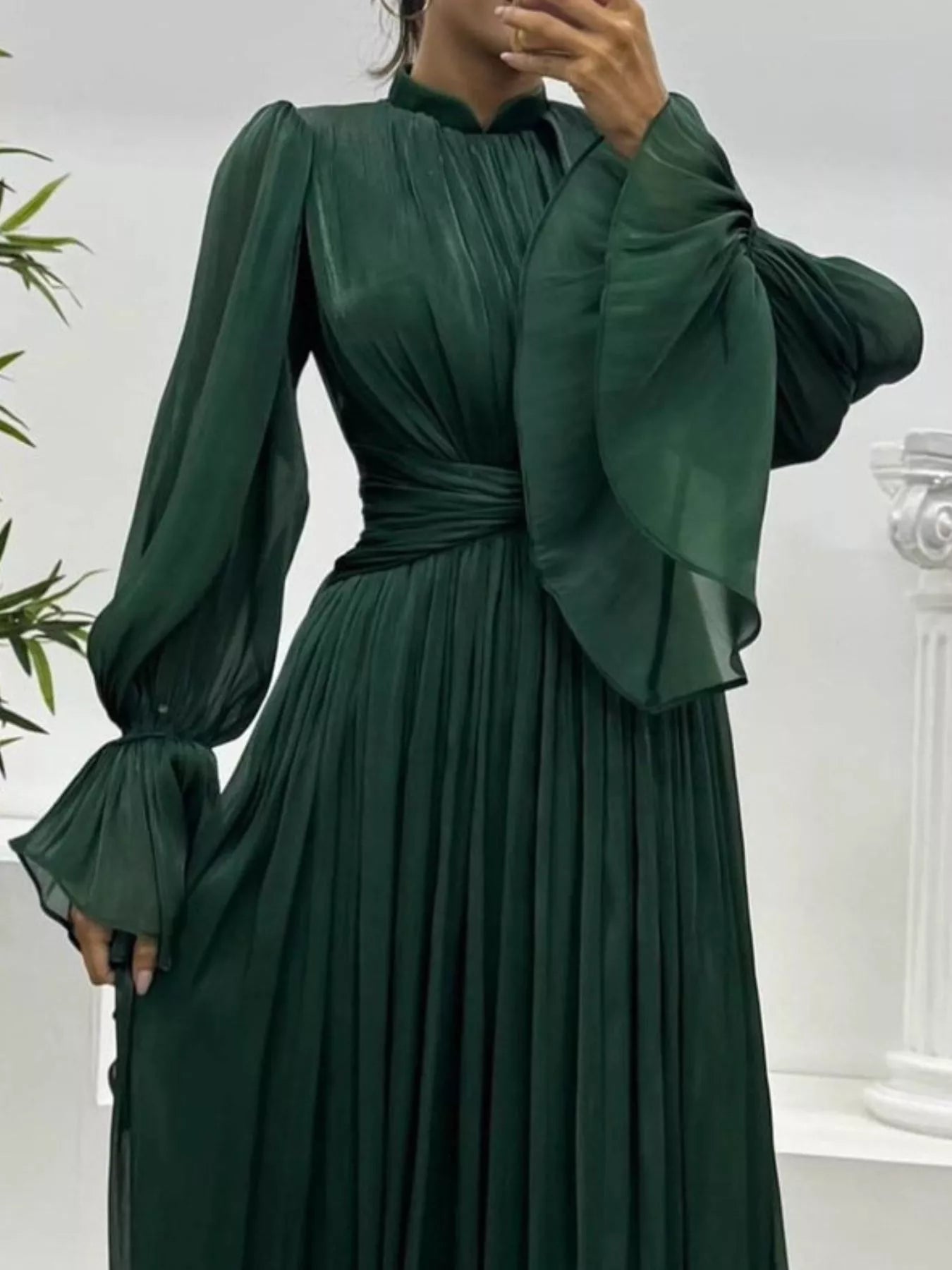Pleated Mock Neck Long Sleeve Maxi Dress - TrendNest