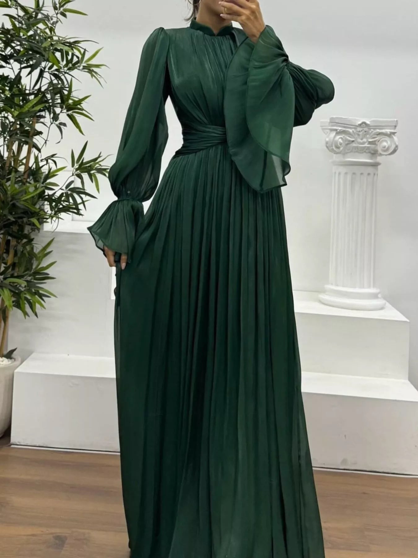 Pleated Mock Neck Long Sleeve Maxi Dress - TrendNest