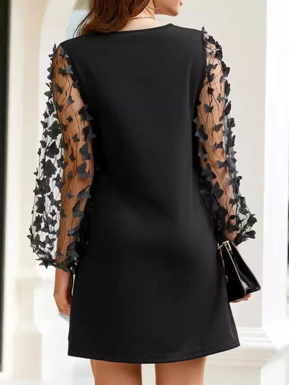 Round Neck Butterfly Mesh Long Sleeve Mini Dress - TrendNest
