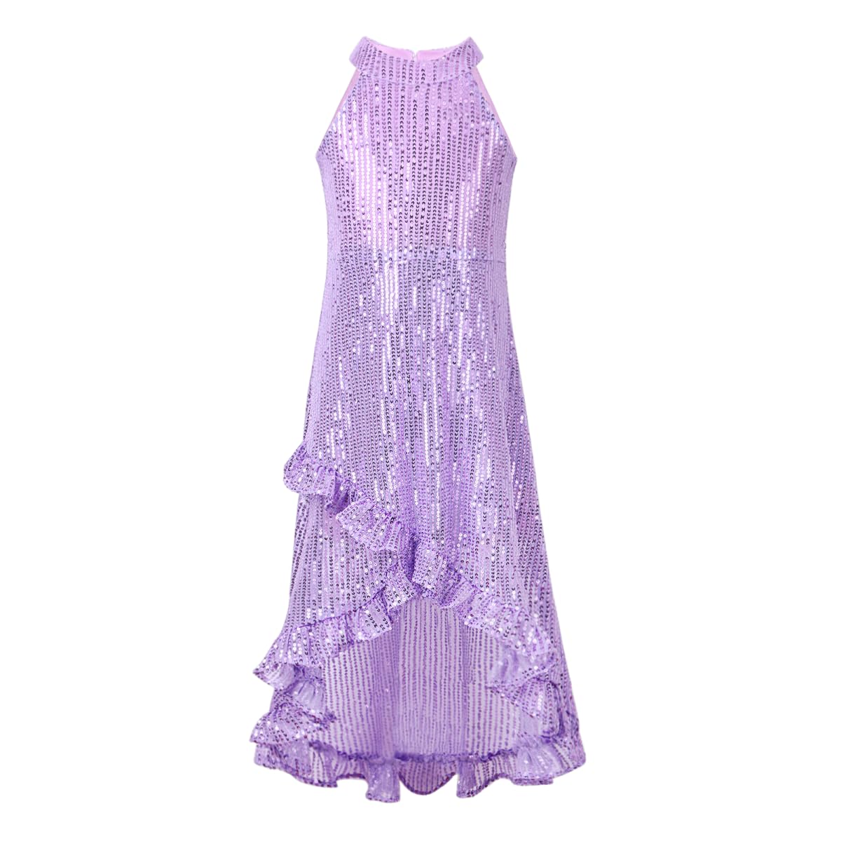 WELAKEN Girls Sequin Dress for Kids Sparkly Halter Neck Sleeveless Casual Party Wedding Twirl Dresses Purple