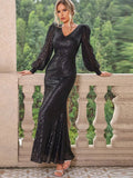 Sequin V - Neck Lantern Sleeve Maxi Dress - TrendNest