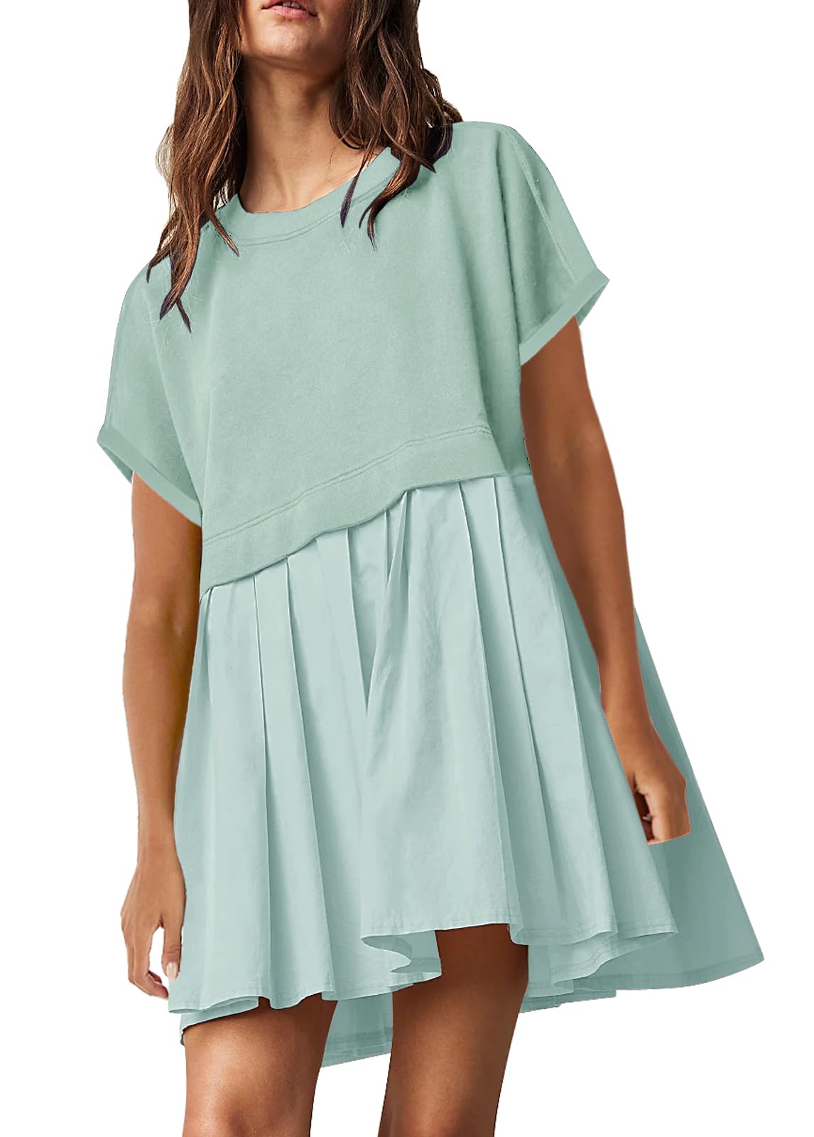 SAUKOLE Summer Dress for Women 2024 Casual Short Sleeve Crewneck T Shirt Dress Flowy Pleated Mini Dress Light Blue