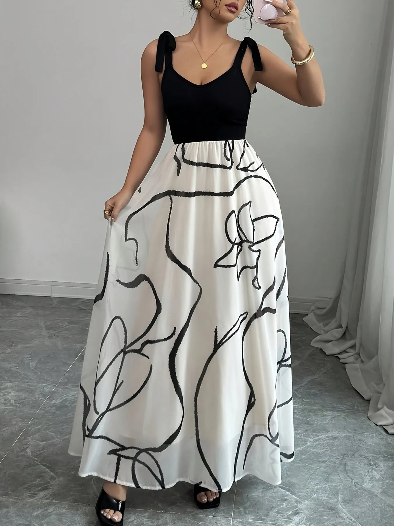 Tie Shoulder V - Neck Maxi Dress - TrendNest