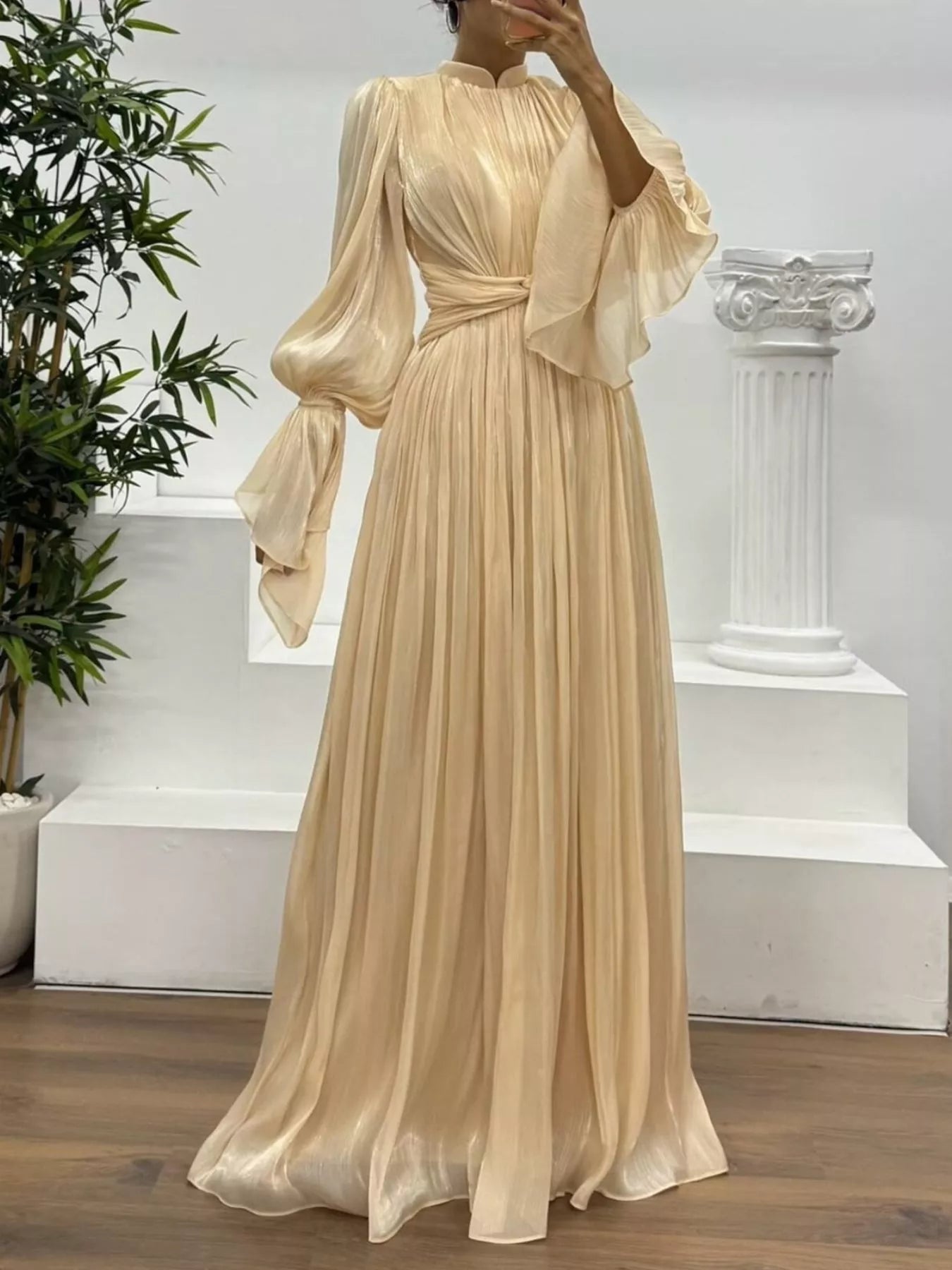 Pleated Mock Neck Long Sleeve Maxi Dress - TrendNest