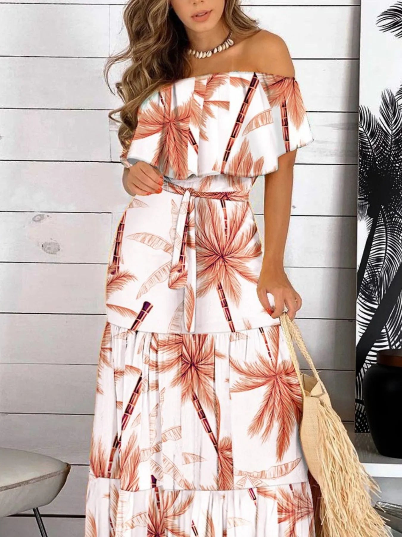 Printed Off Shoulder Maxi Dress - TrendNest