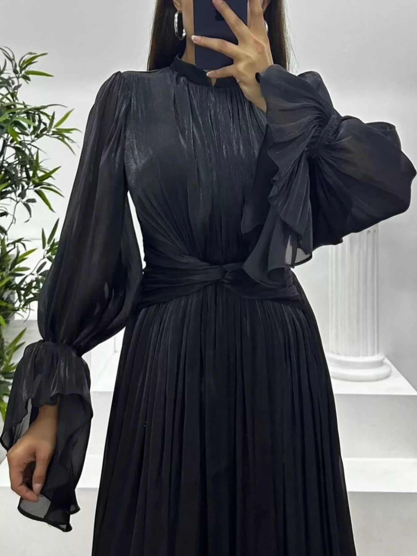 Pleated Mock Neck Long Sleeve Maxi Dress - TrendNest