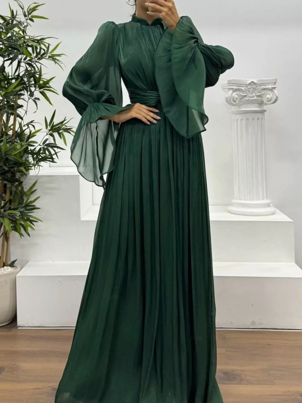 Pleated Mock Neck Long Sleeve Maxi Dress - TrendNest