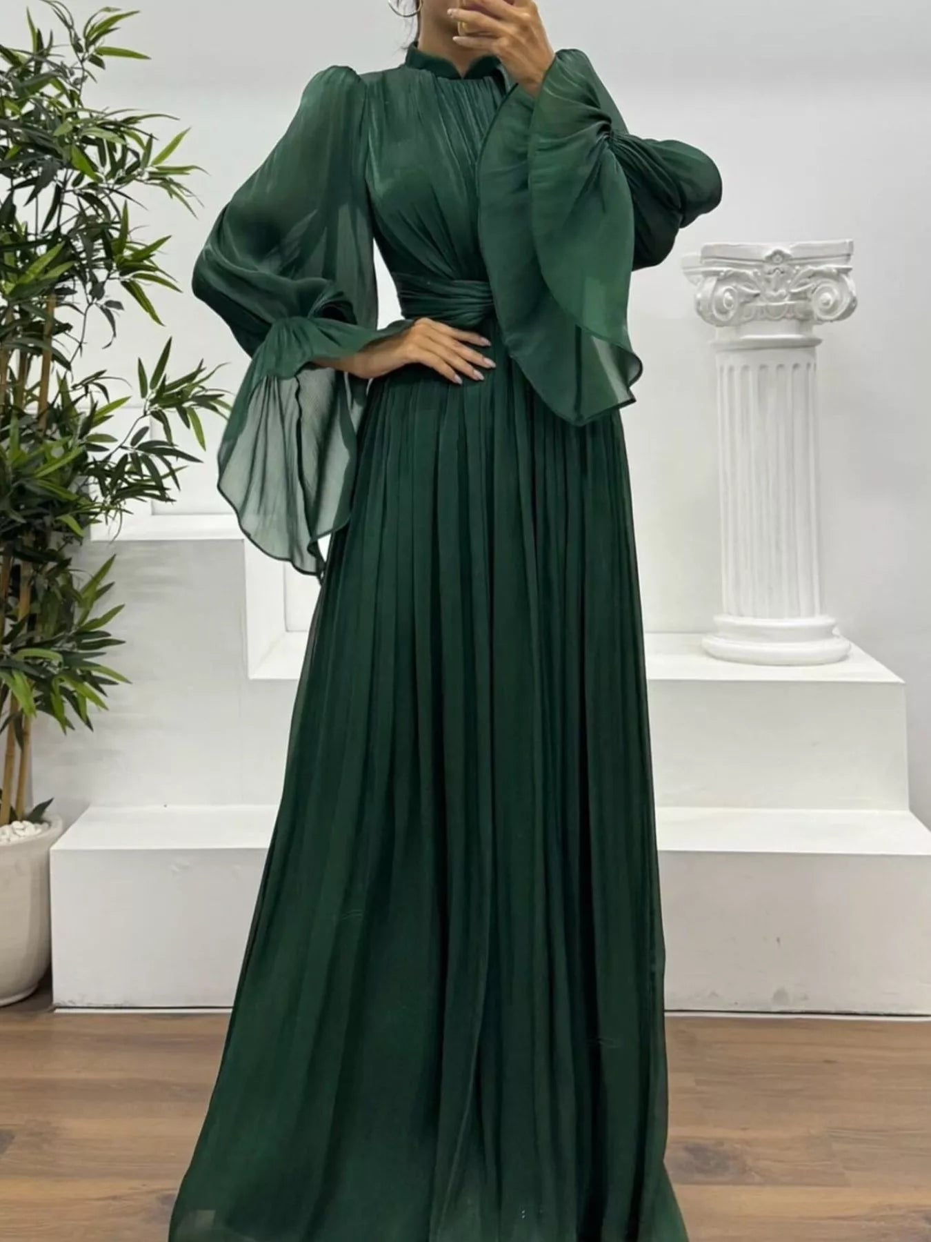 Pleated Mock Neck Long Sleeve Maxi Dress - TrendNest