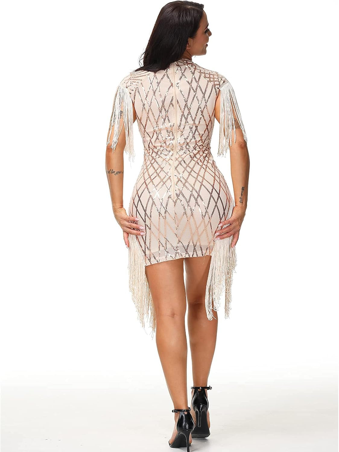 Sexy Dresses for Women Sequin Fringes Bodycon Cocktail Mini Dresses Clubwear Beige 2X