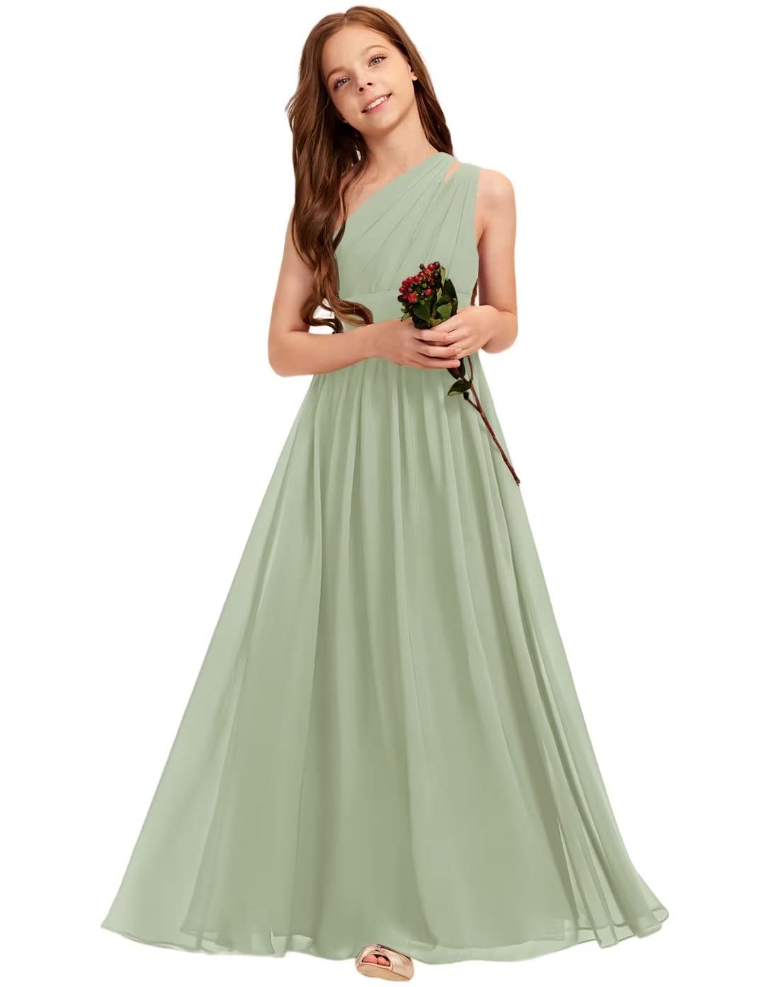 Kismissal A-line One Shoulder Floor-Length Chiffon Junior Bridesmaid Dress for Wedding Teen Girls Party Gowns