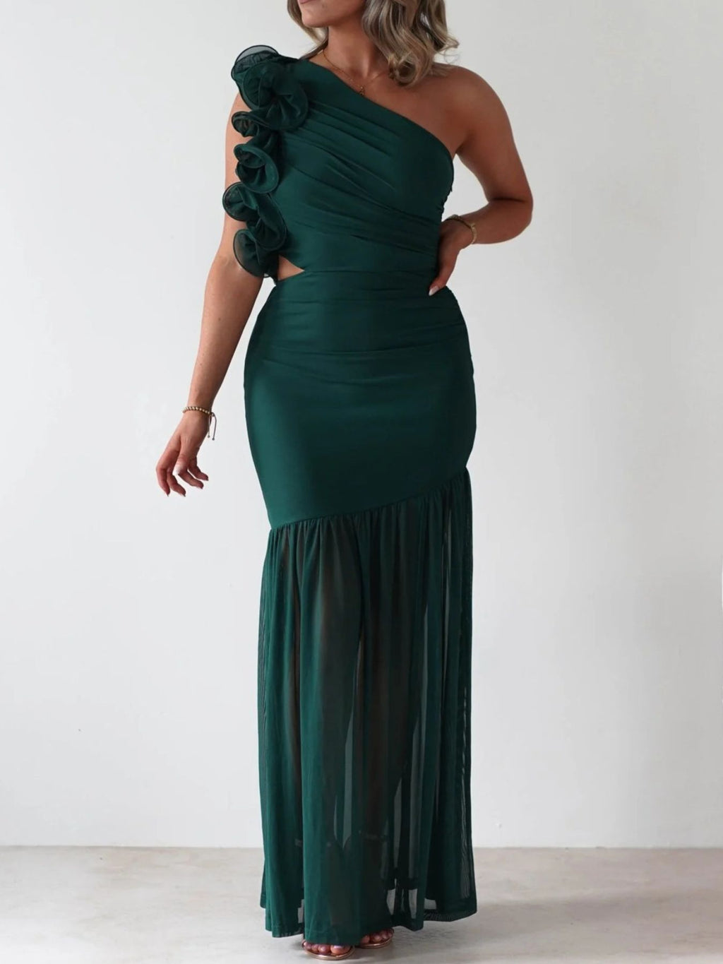 One - Shoulder Ruffle Trim Maxi Dress - TrendNest