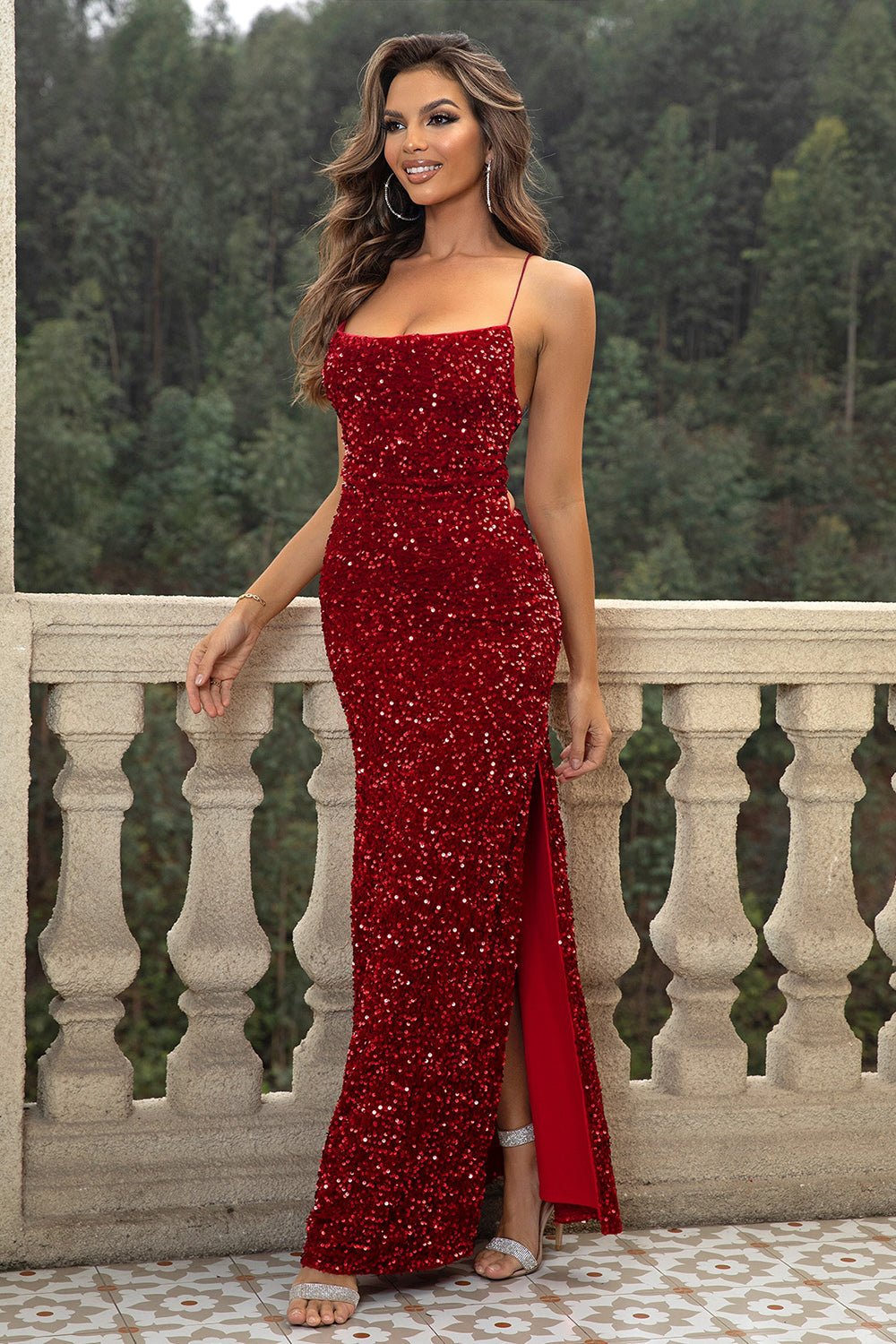 Sequin Backless Split Maxi Dress - TrendNest