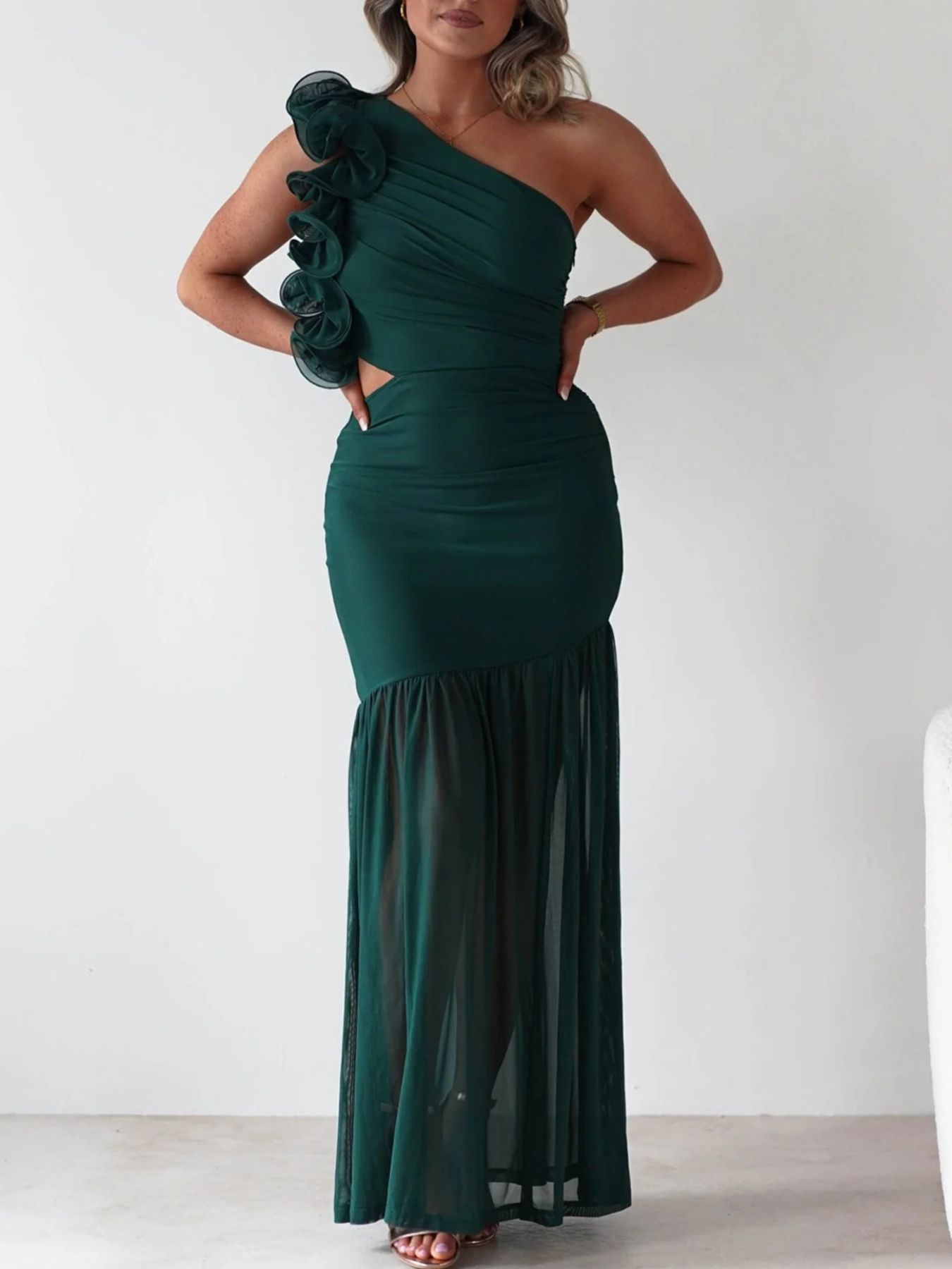 One - Shoulder Ruffle Trim Maxi Dress - TrendNest