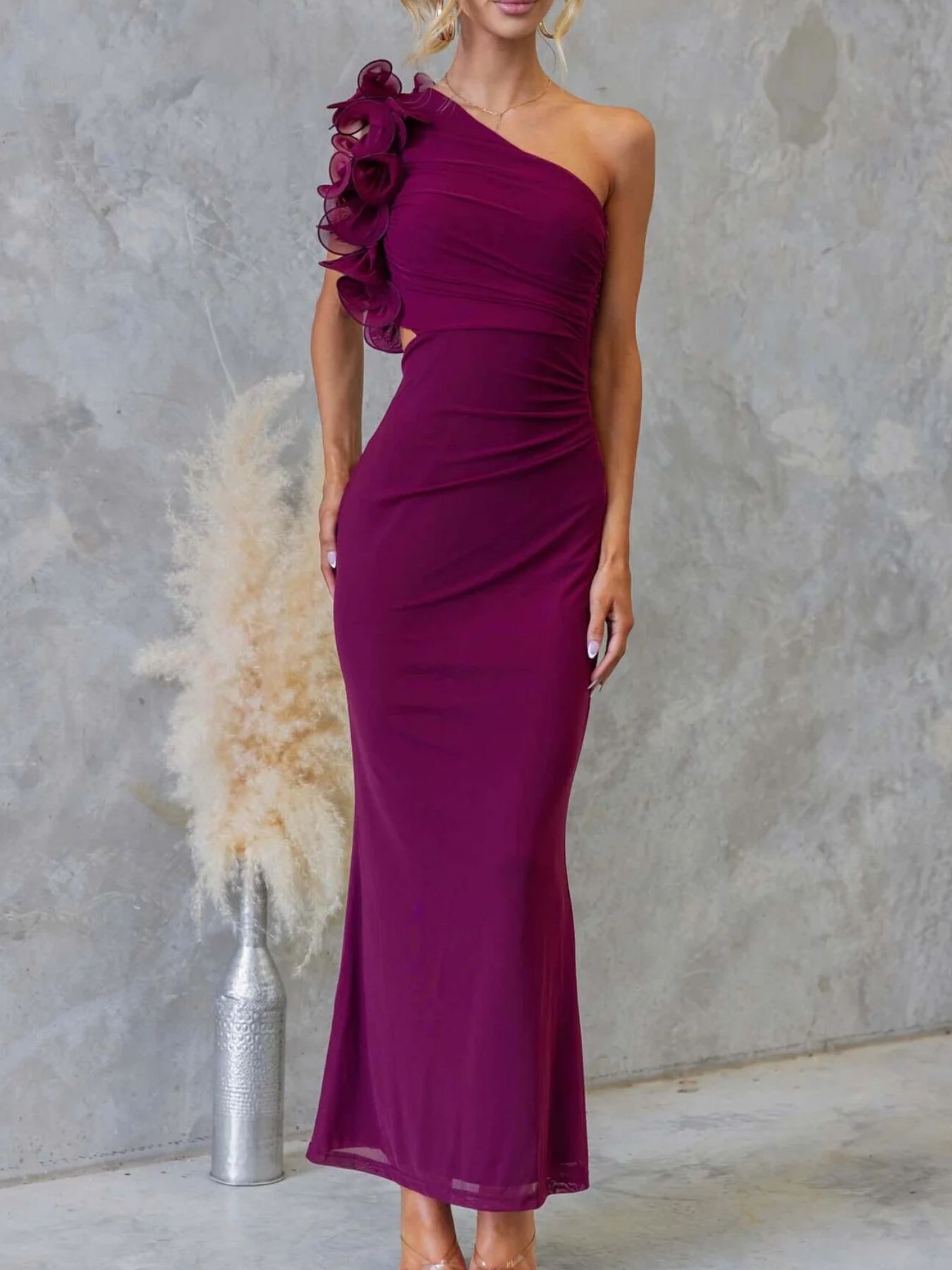 One - Shoulder Floral Trim Sleeveless Maxi Dress - TrendNest
