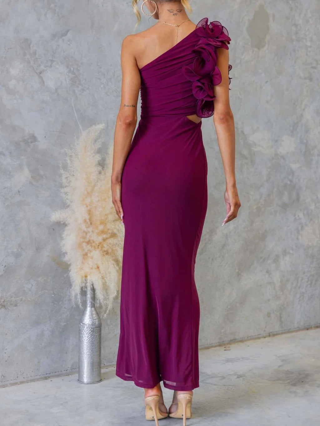 One - Shoulder Floral Trim Sleeveless Maxi Dress - TrendNest
