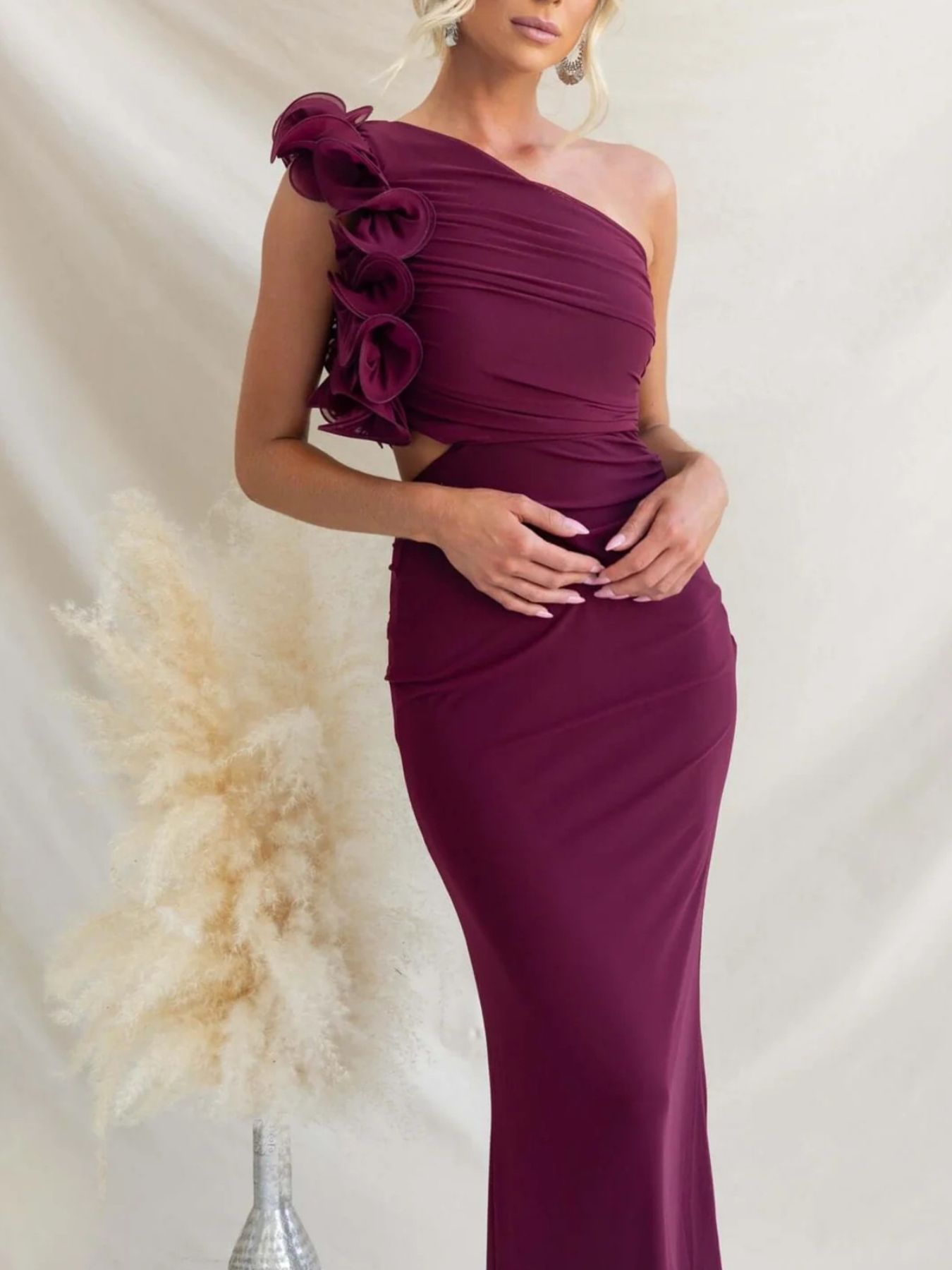 One - Shoulder Floral Trim Sleeveless Maxi Dress - TrendNest