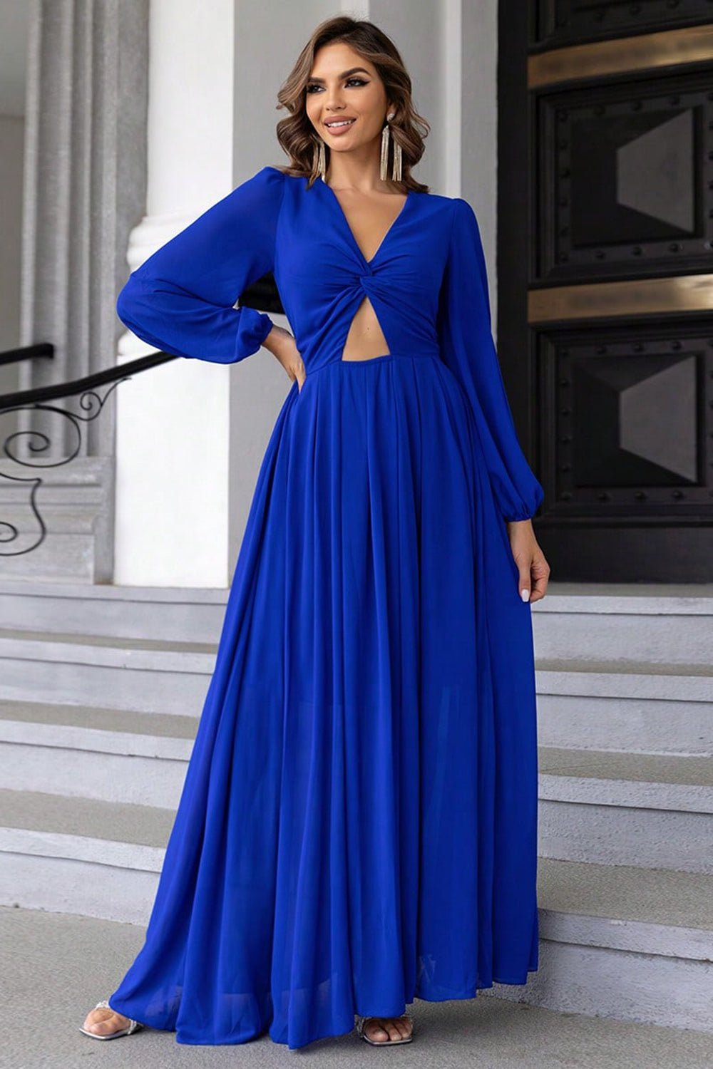 Twist Front Cutout Long Sleeve Dress - TrendNest