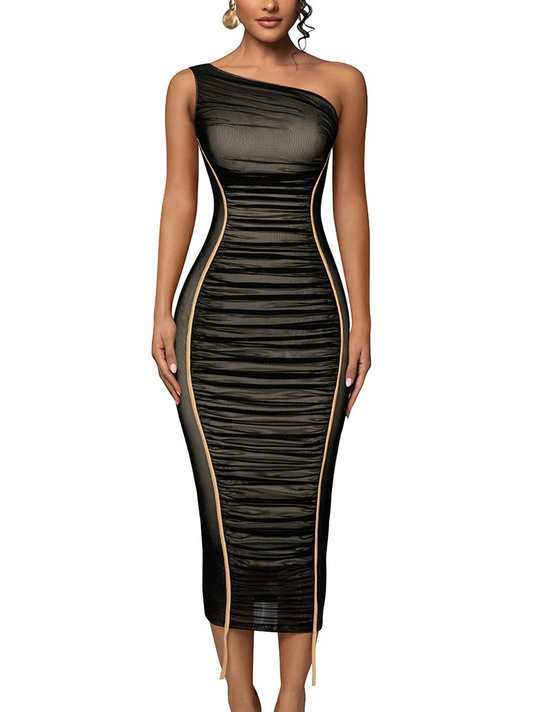 LAGSHIAN Womens Sexy Bodycon Cocktail One Shoulder Sleeveless Mesh Ruched Midi Party Dress Black