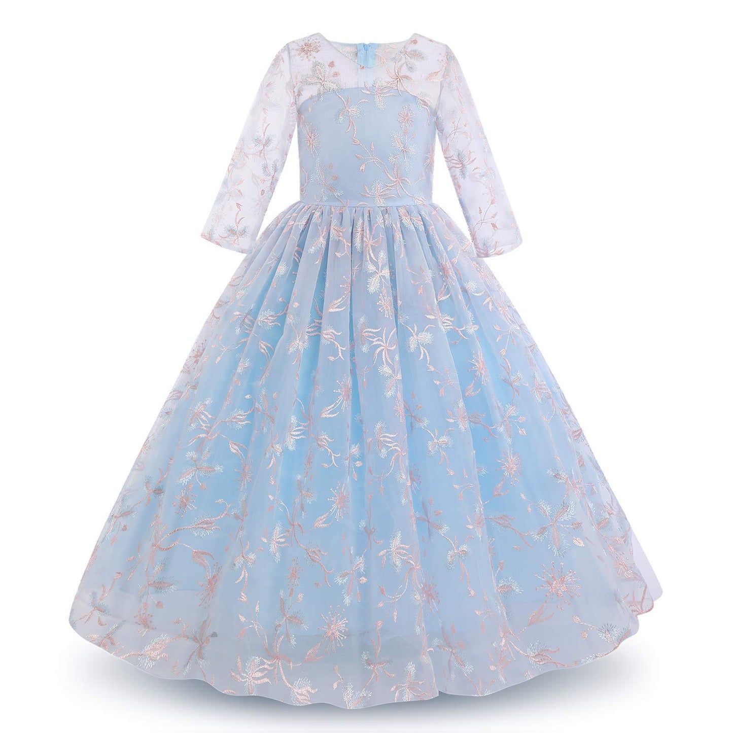 Flower Girls Dress Lace Bridesmaid Floral Lace 3/4 Sleeves Long A Line Wedding Pageant Dress Princess Boho Communion FullLength Maxi Tulle Party Evening Formal Dance Ball Gown Light Blue 13-14 Years