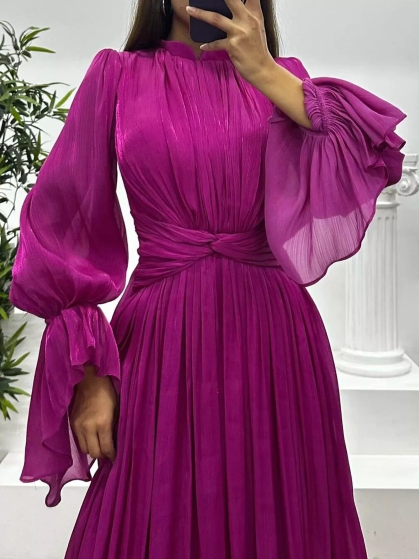 Pleated Mock Neck Long Sleeve Maxi Dress - TrendNest