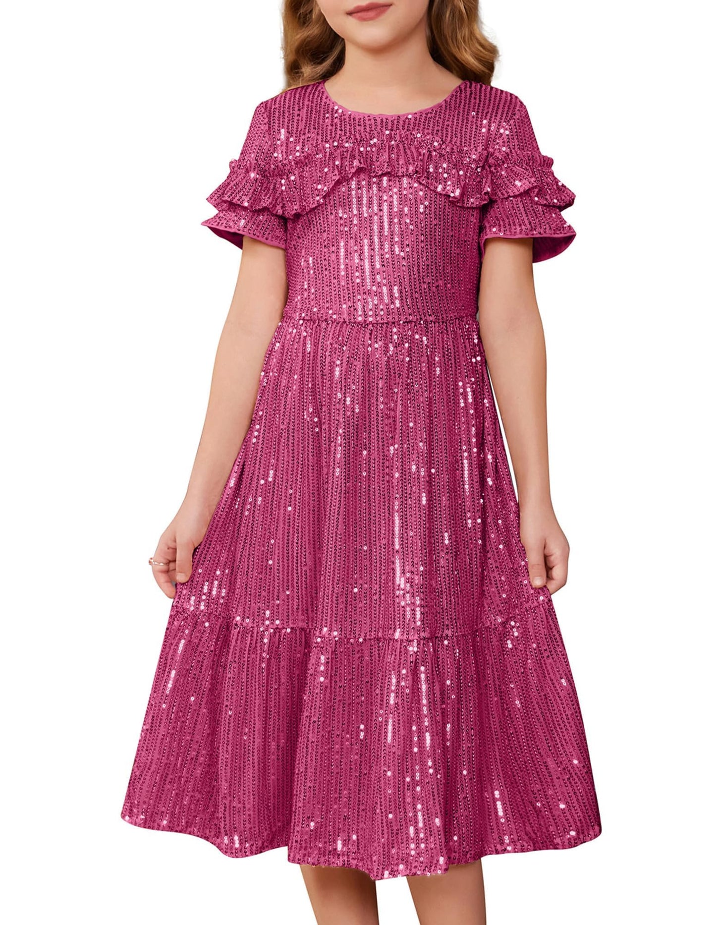 GRACE KARIN Girls Sequin Dress Sparkle Formal Birthday Party A-Line Layer Dress with Hair Bow Rose Red Size 5-6Y