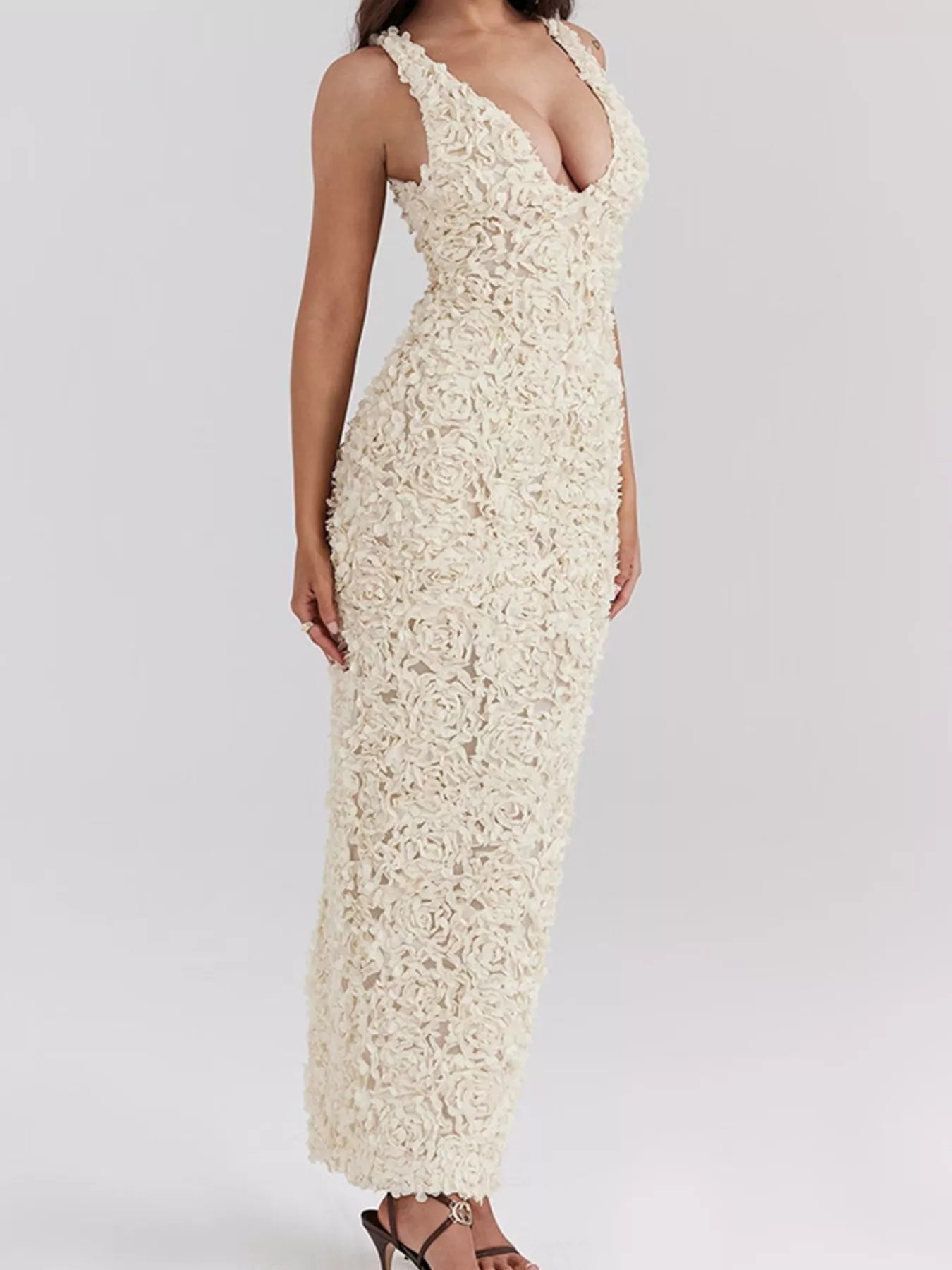 Floral Applique Deep V - Neck Maxi Dress - TrendNest