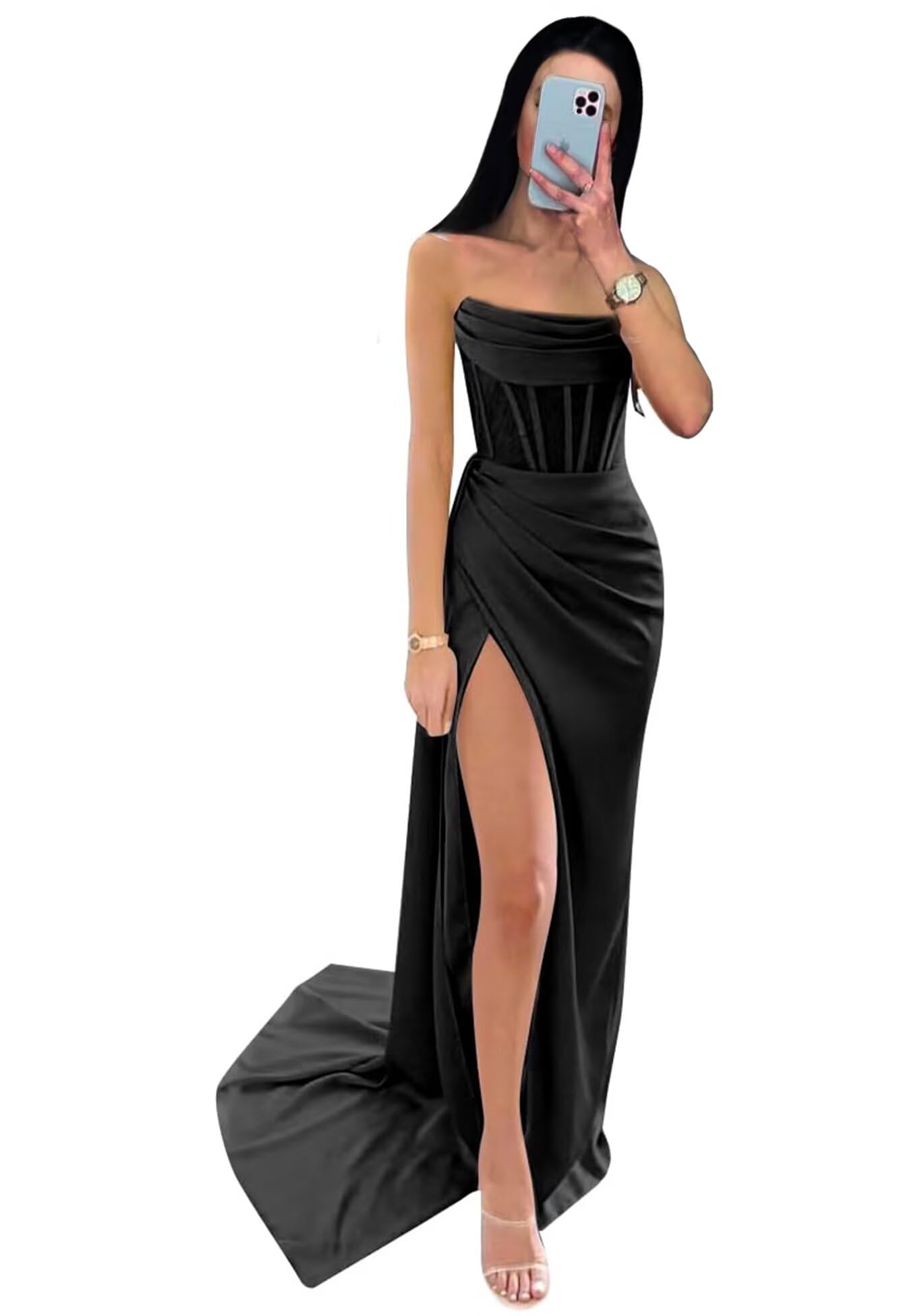 Falsery Strapless Mermaid Prom Dresses with Slit for Women Satin Ball Gown Long Ruched Corset Formal Evening Dress Black