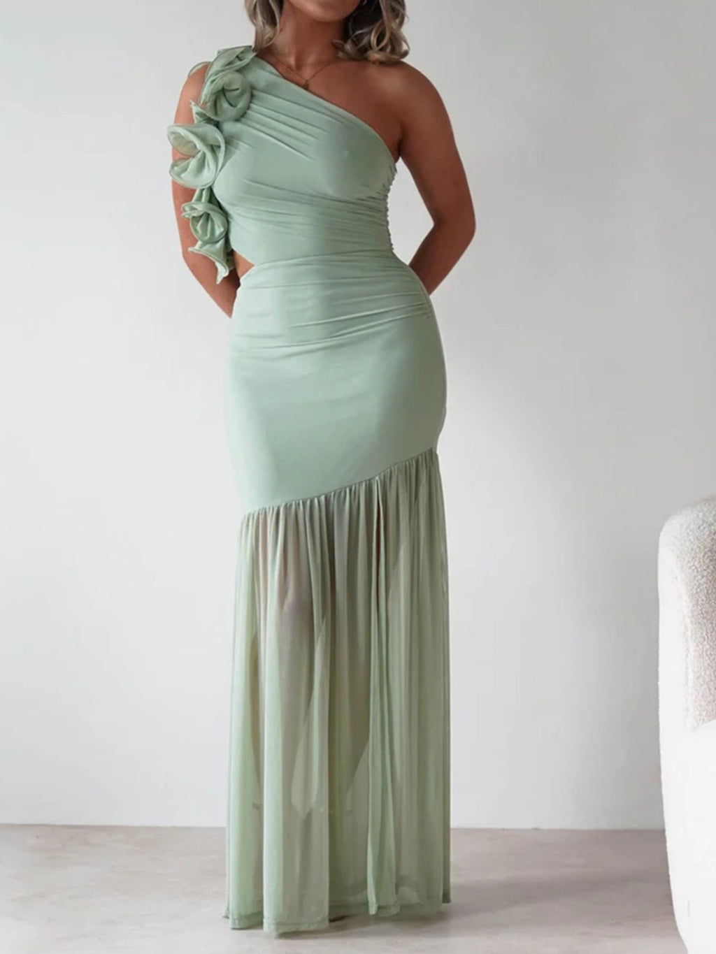 One - Shoulder Ruffle Trim Maxi Dress - TrendNest