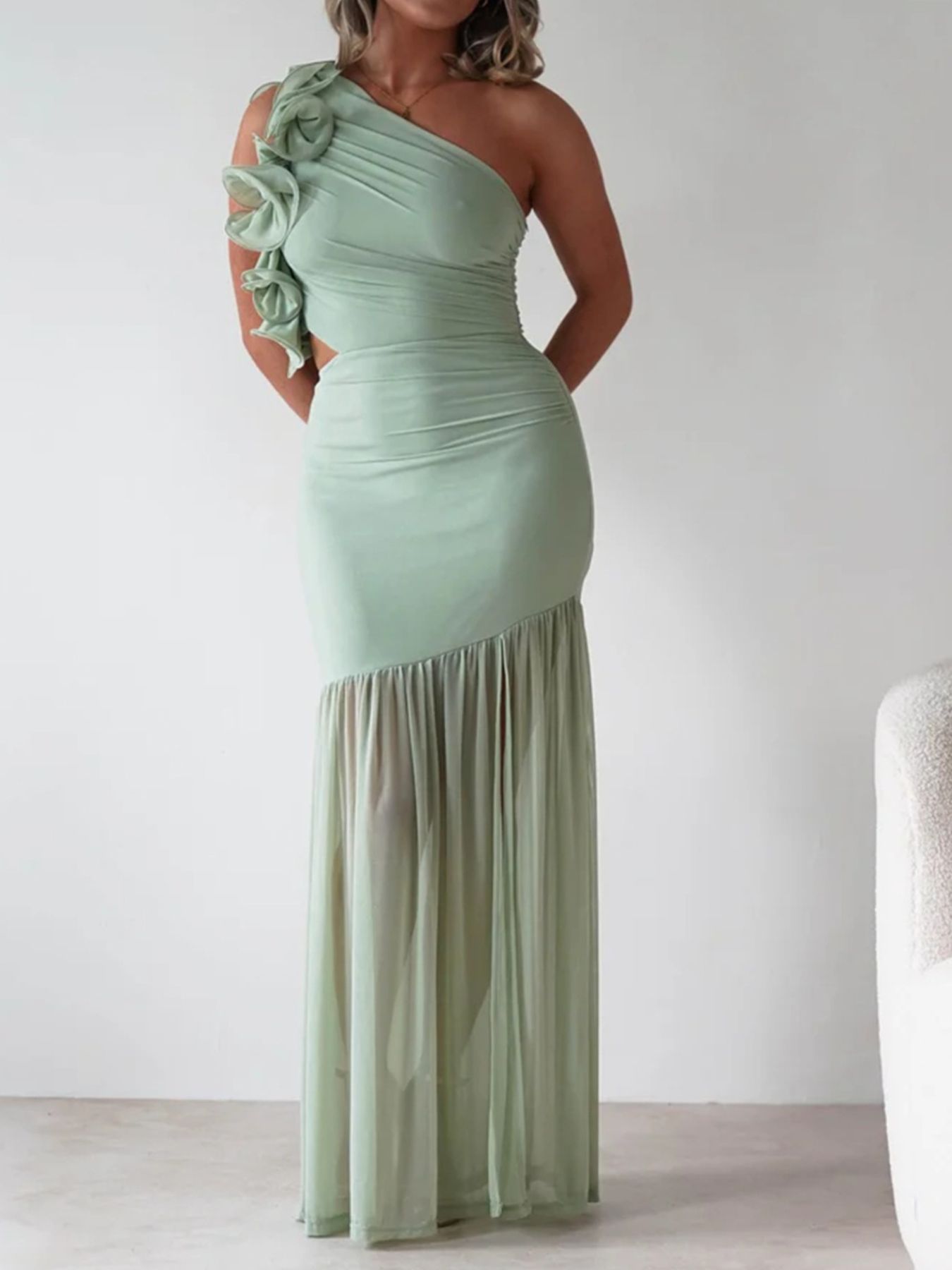 One - Shoulder Ruffle Trim Maxi Dress - TrendNest
