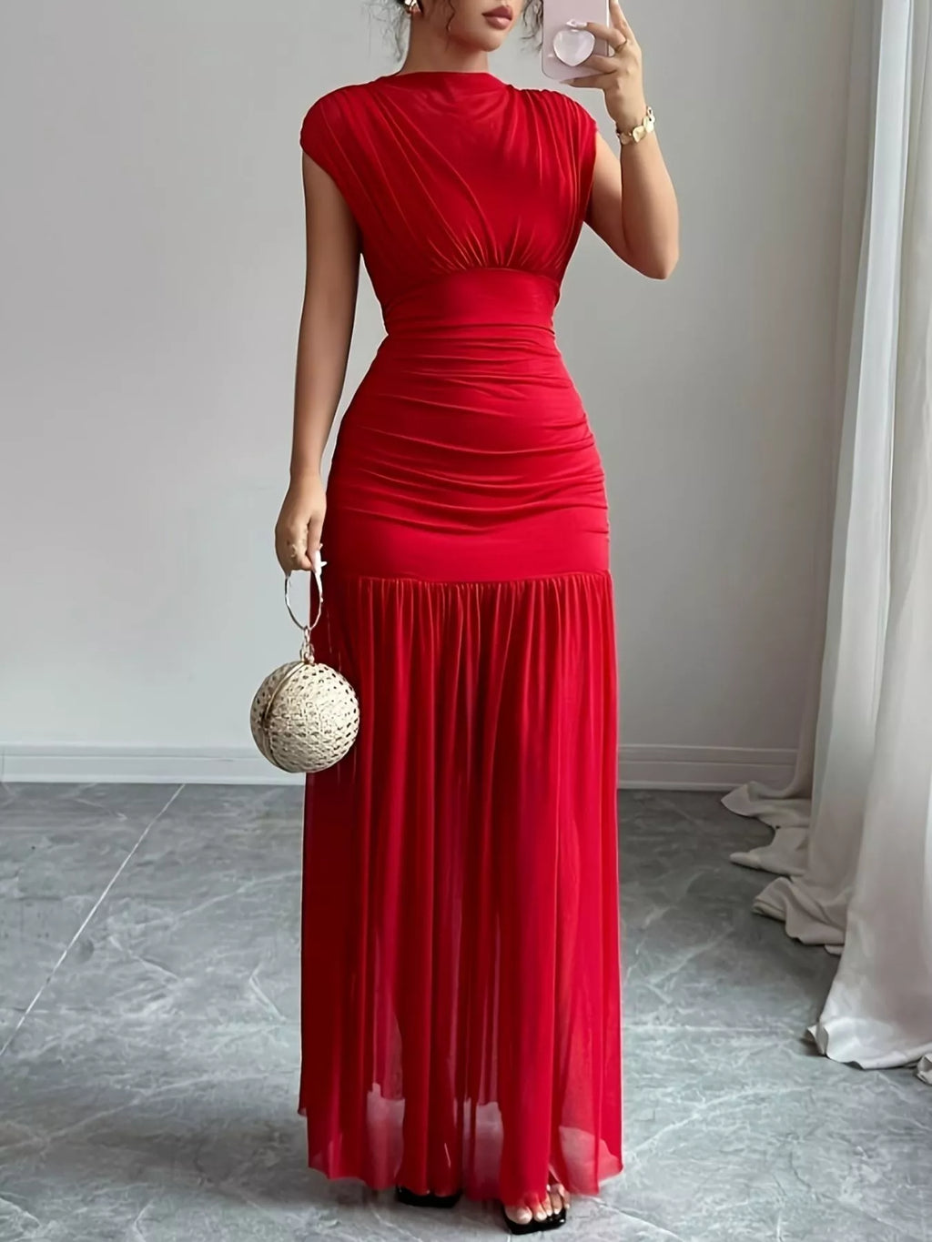 Ruched Cap Sleeve Maxi Dress - TrendNest